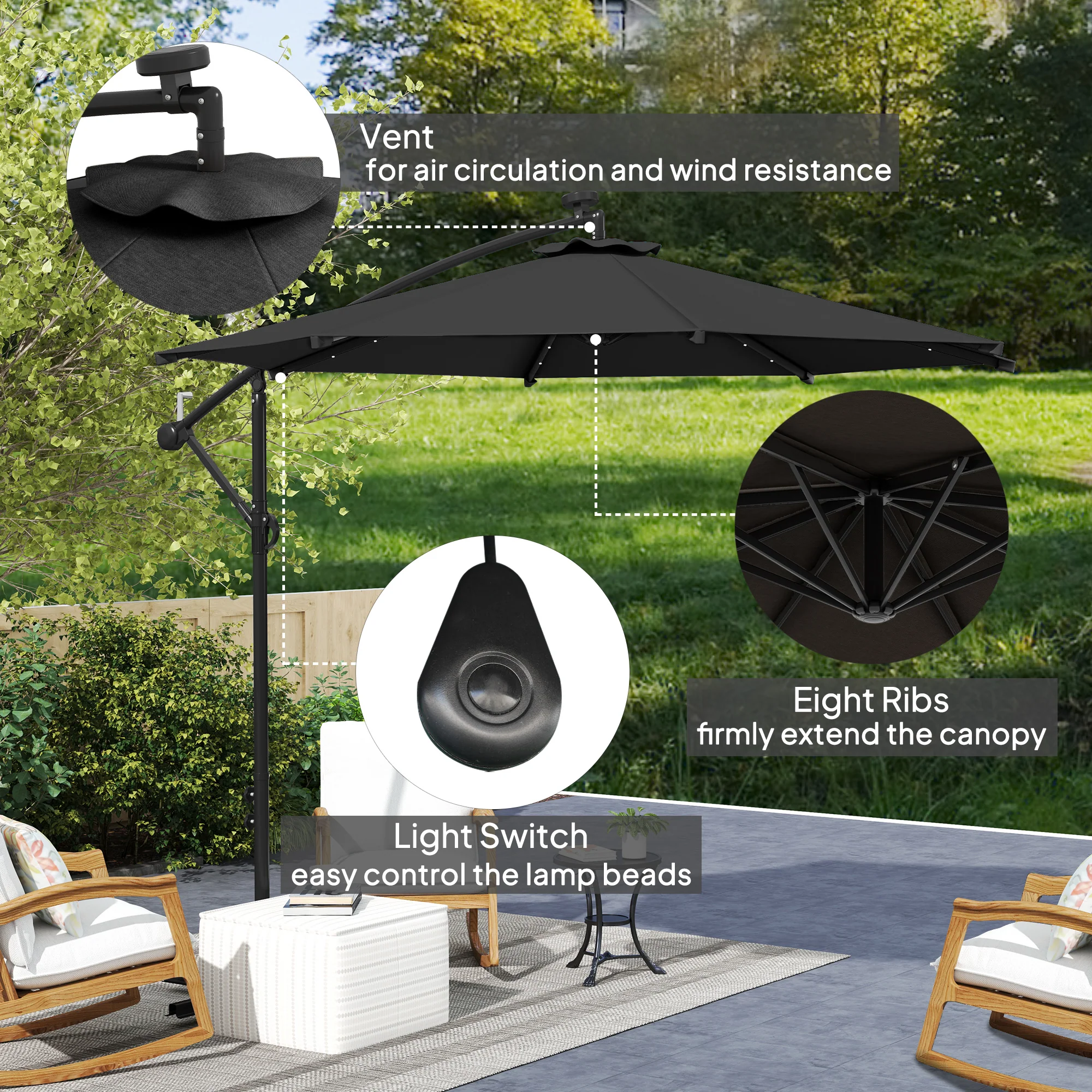 10' Solar Banana Umbrella with Lights & Adjustable Angle,, Black - Image 8