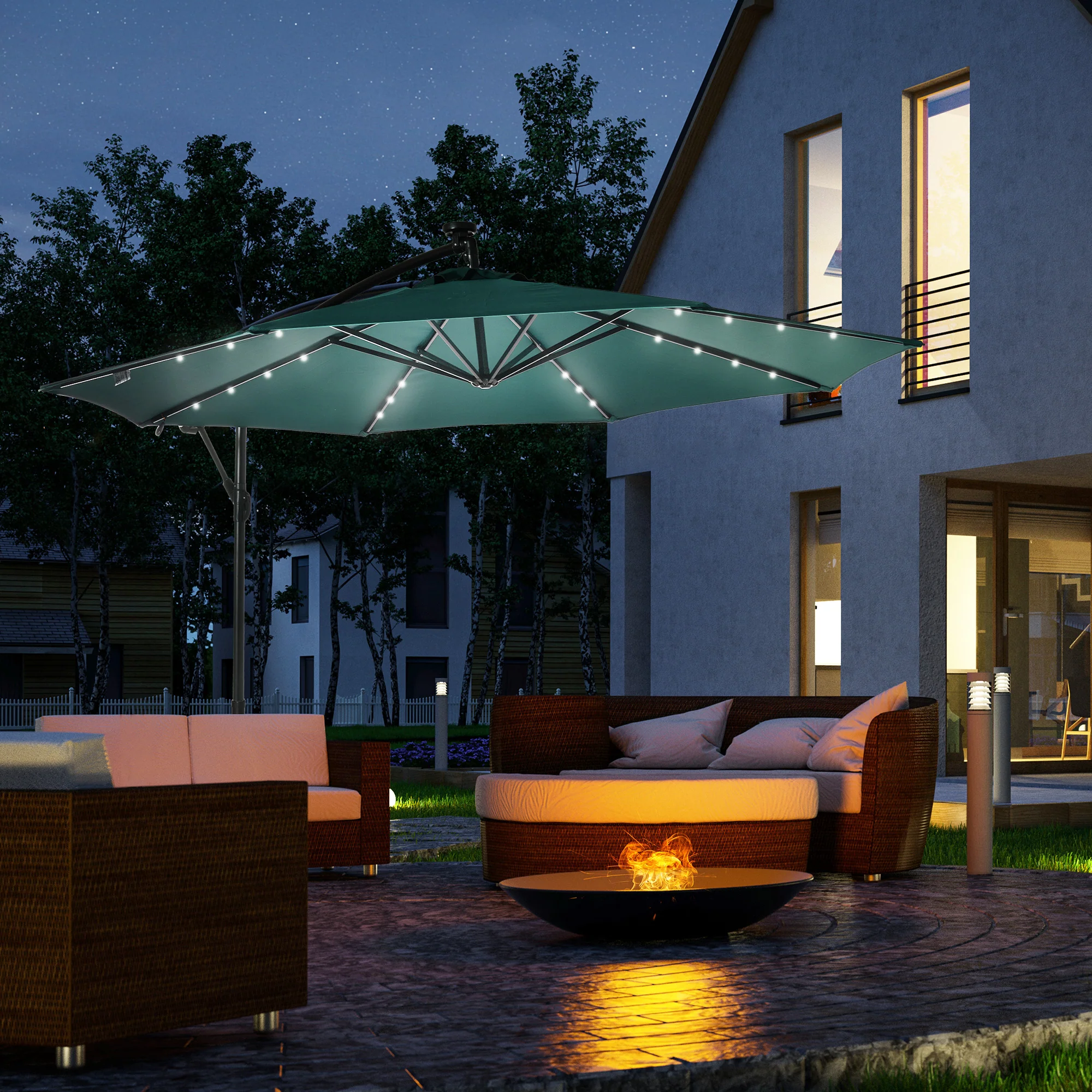 10' Solar Banana Umbrella with Lights & Adjustable Angle,, Dark Green - Image 4