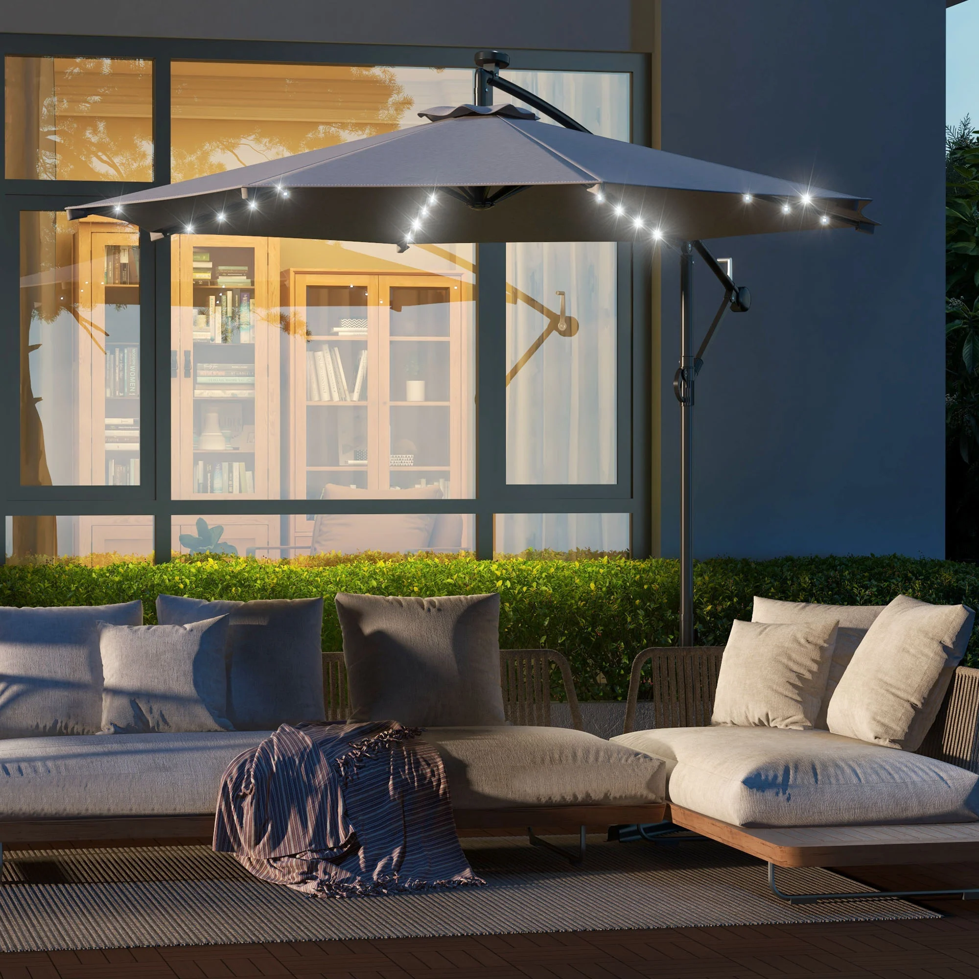 10' Solar Banana Umbrella with Lights & Adjustable Angle, Light Grey - Image 4