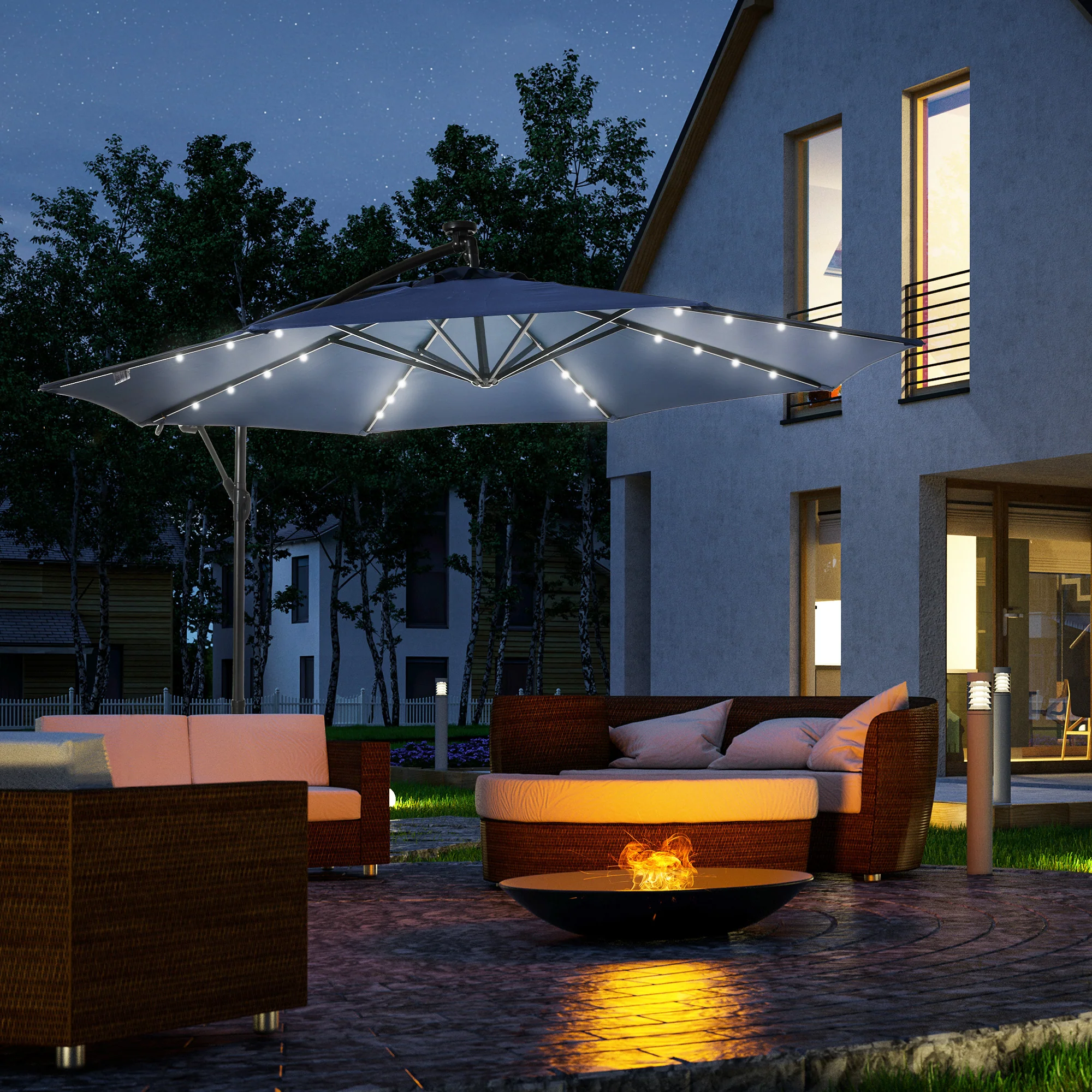 10' Solar Banana Umbrella with Lights & Adjustable Angle, Navy Blue - Image 4