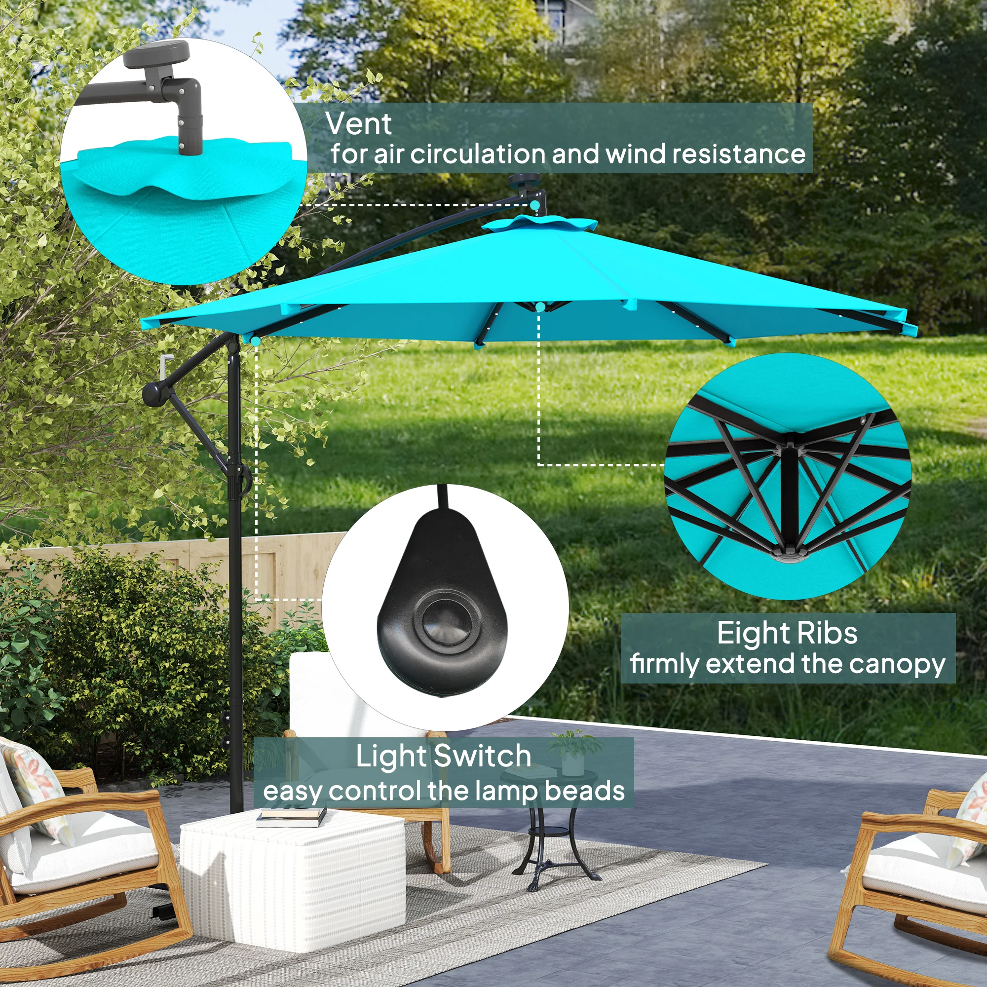 10' Solar Banana Umbrella with Lights & Adjustable Angle, Turquoise - Image 8