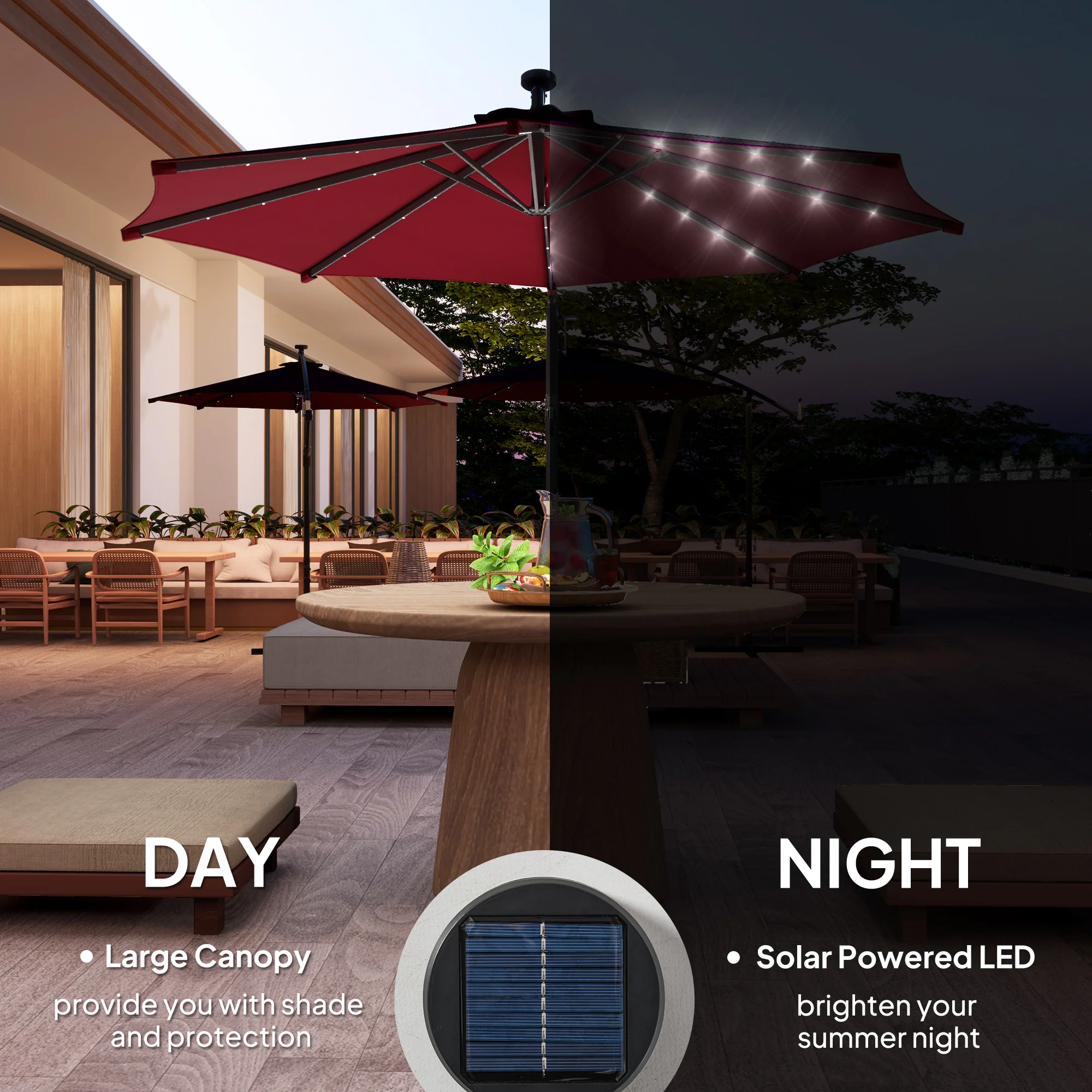 10' Solar Banana Umbrella with Lights & Adjustable Angle, Wine Red - Image 6