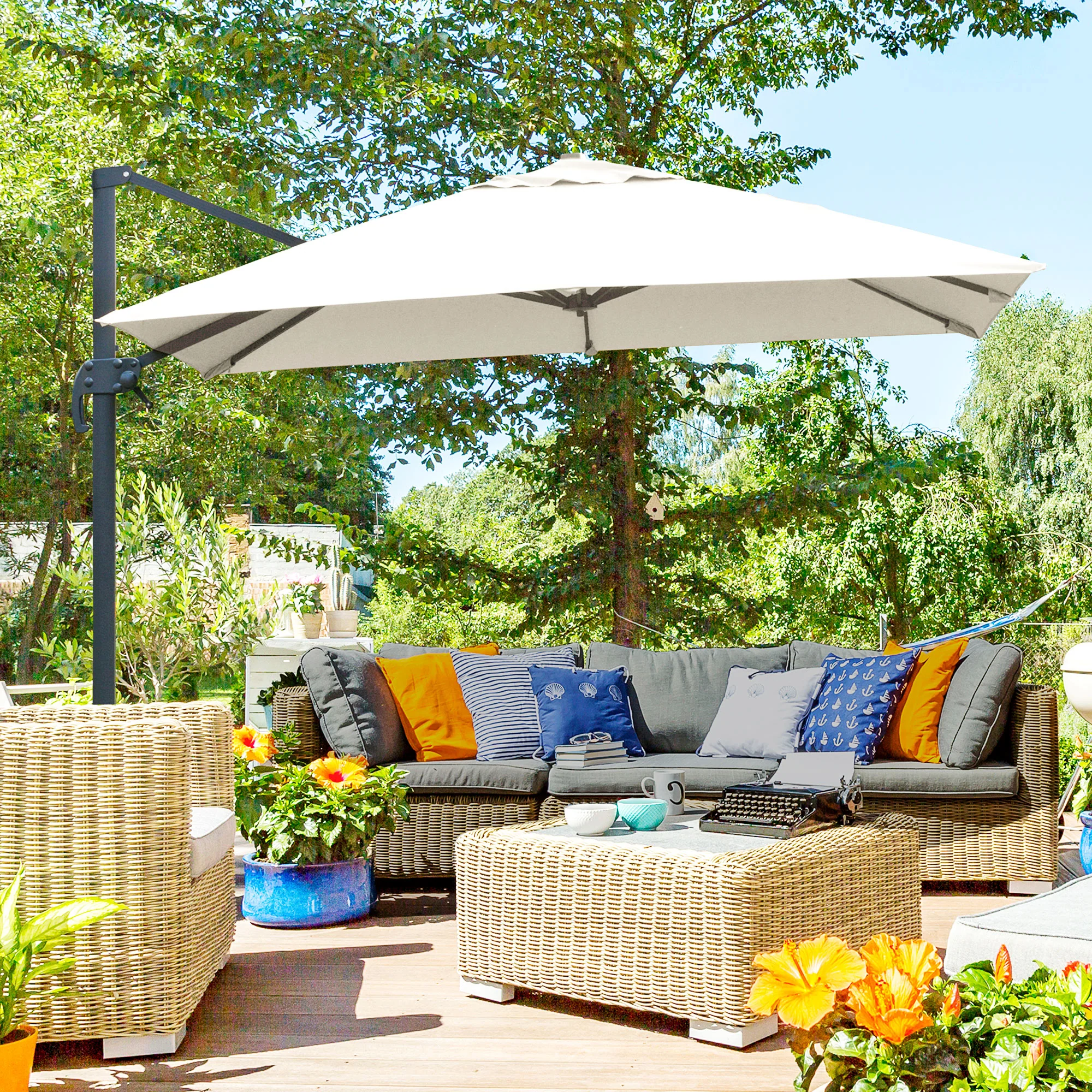 10'x 10' Square Cantilever Umbrella with 4 Adjustable Angle and Rotation, Cream - Image 3