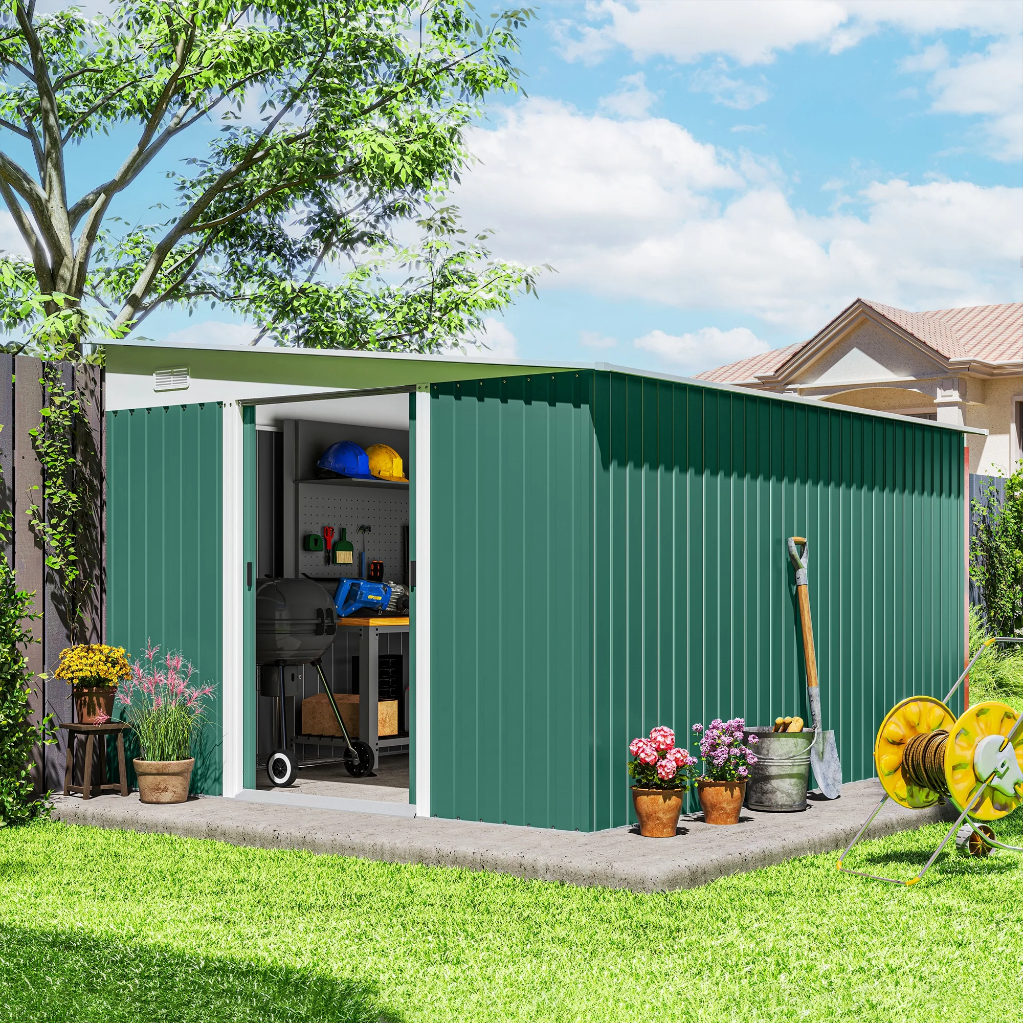 11 x 9ft Lean to Metal Garden Shed, Tool Storage House w/ Double Sliding Doors & 2 Air Vents, Green - Image 3
