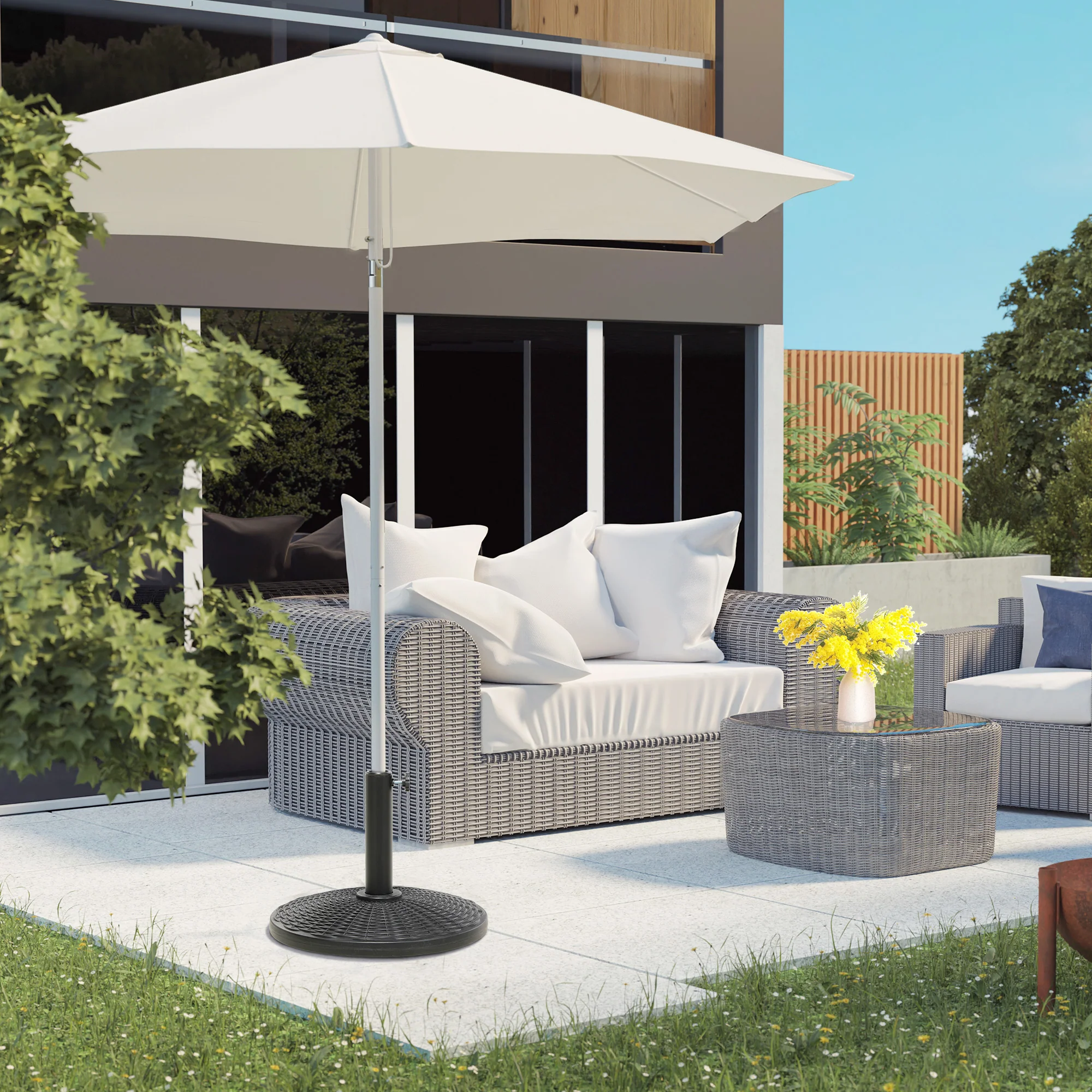 11.5kg Round Cement Parasol Base with Rattan Effect for 38, 48 mm Poles, Black - Image 4