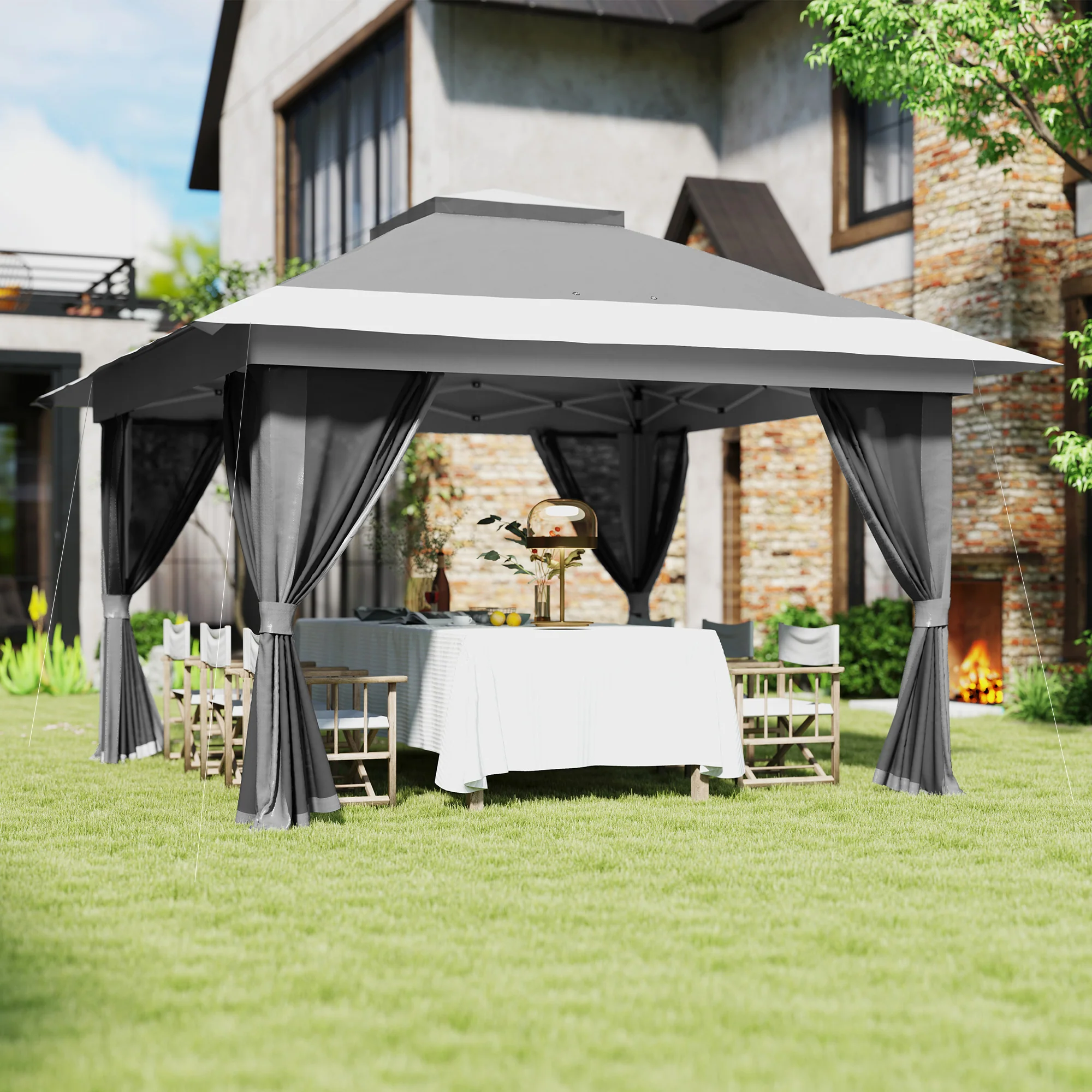 11.7' x 11.7' Pop-Up Canopy with Netting, UPF50+ Shelter with Wheeled Carry Bag and Sand Bags - Image 4
