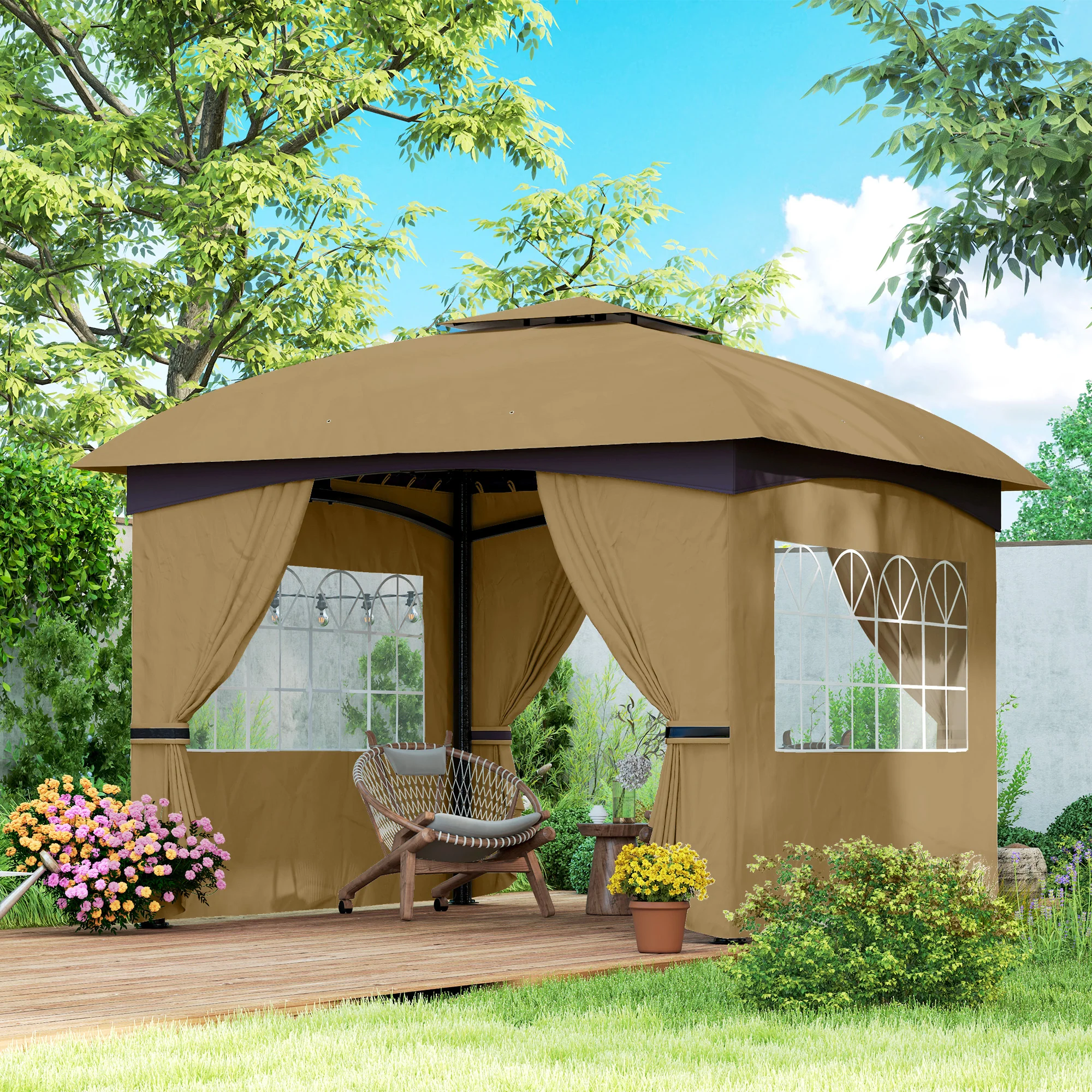11' x 11' Double Roof Gazebo with Church Windows & Steel Frame, Beige - Image 3