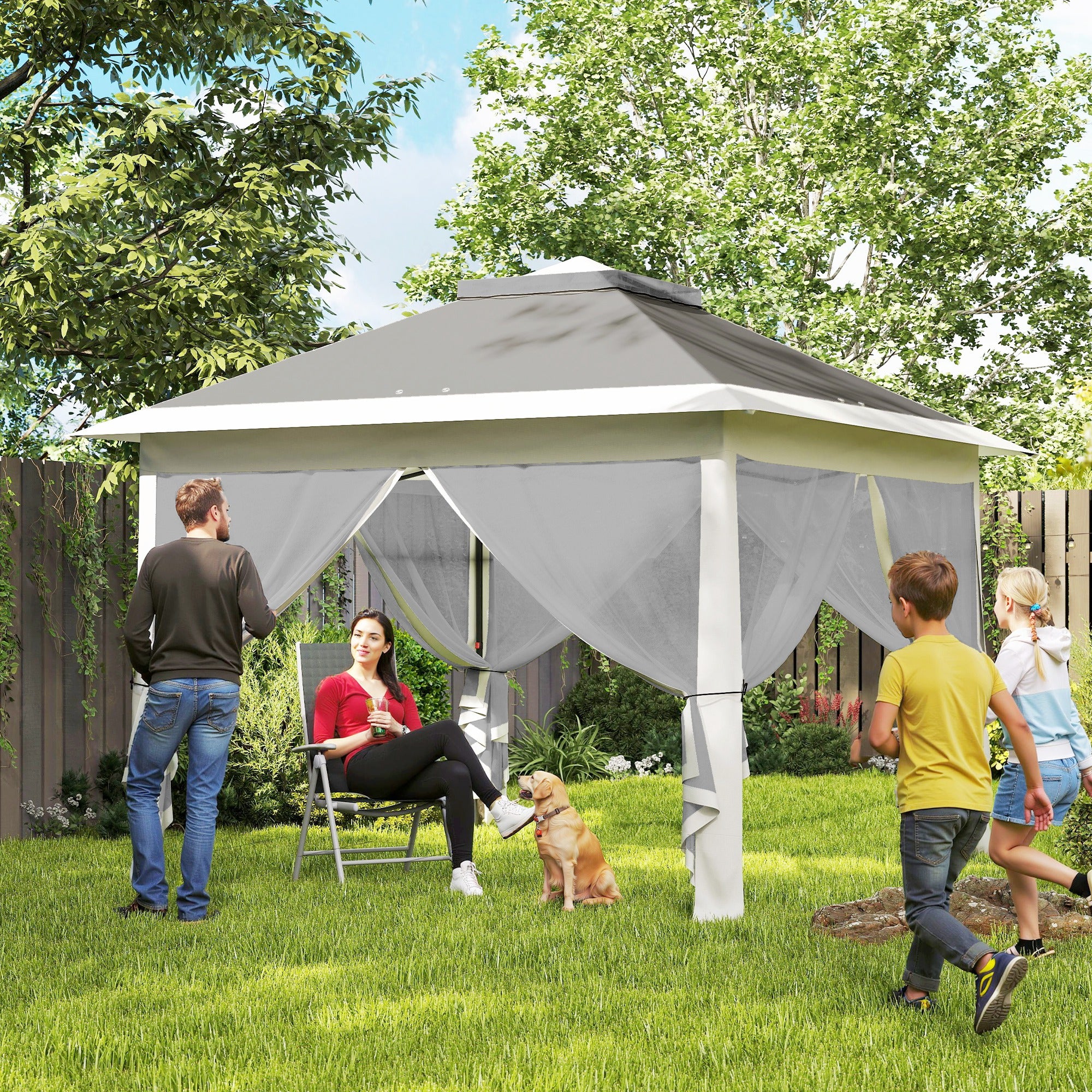 11' x 11' Pop Up Gazebo, Double Roof Foldable Height Adjustable Canopy Tent with Mesh Sidewalls, Carrying Bag, Dark Grey - Image 3