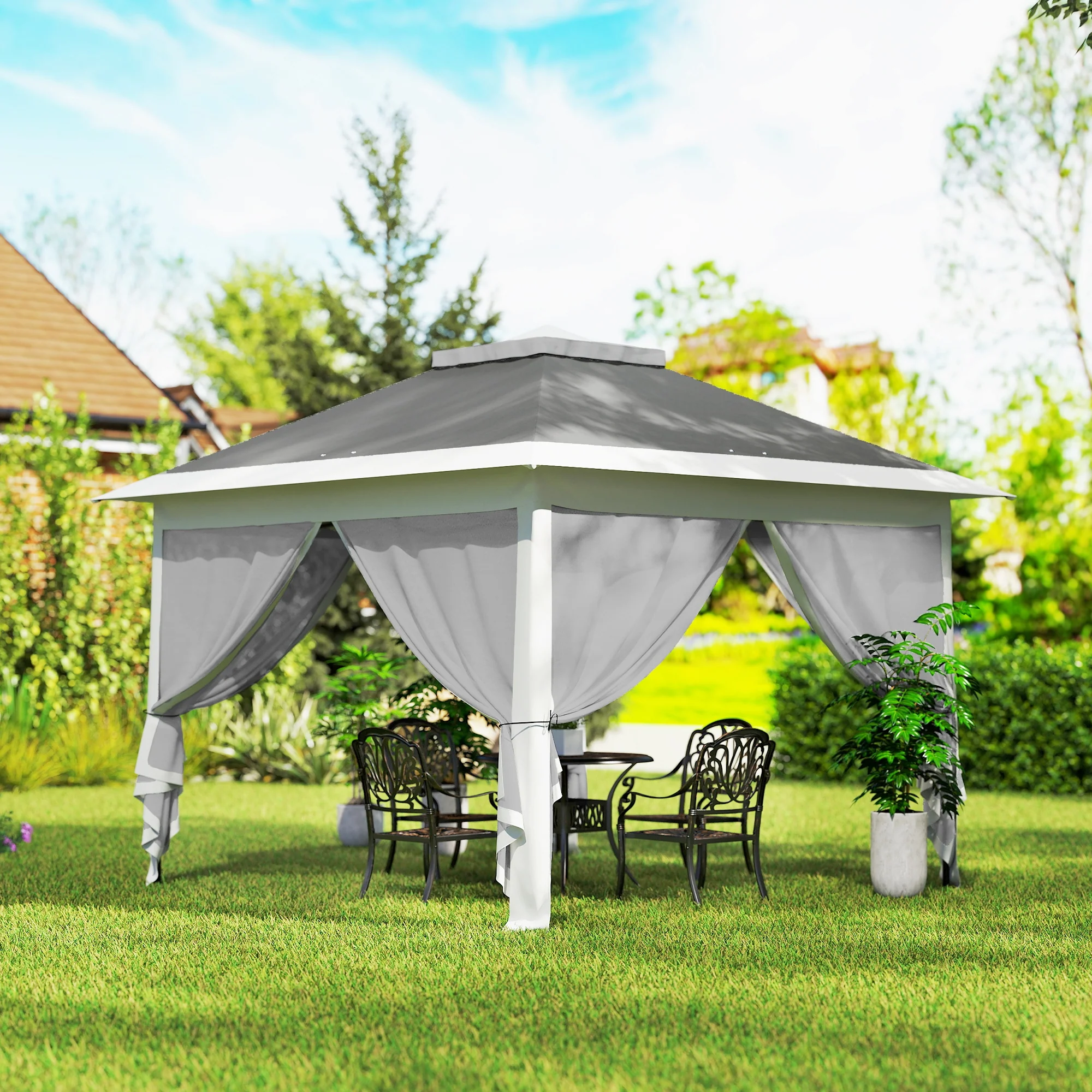 11' x 11' Pop Up Gazebo, Double Roof Foldable Height Adjustable Canopy Tent with Mesh Sidewalls, Carrying Bag, Dark Grey - Image 4