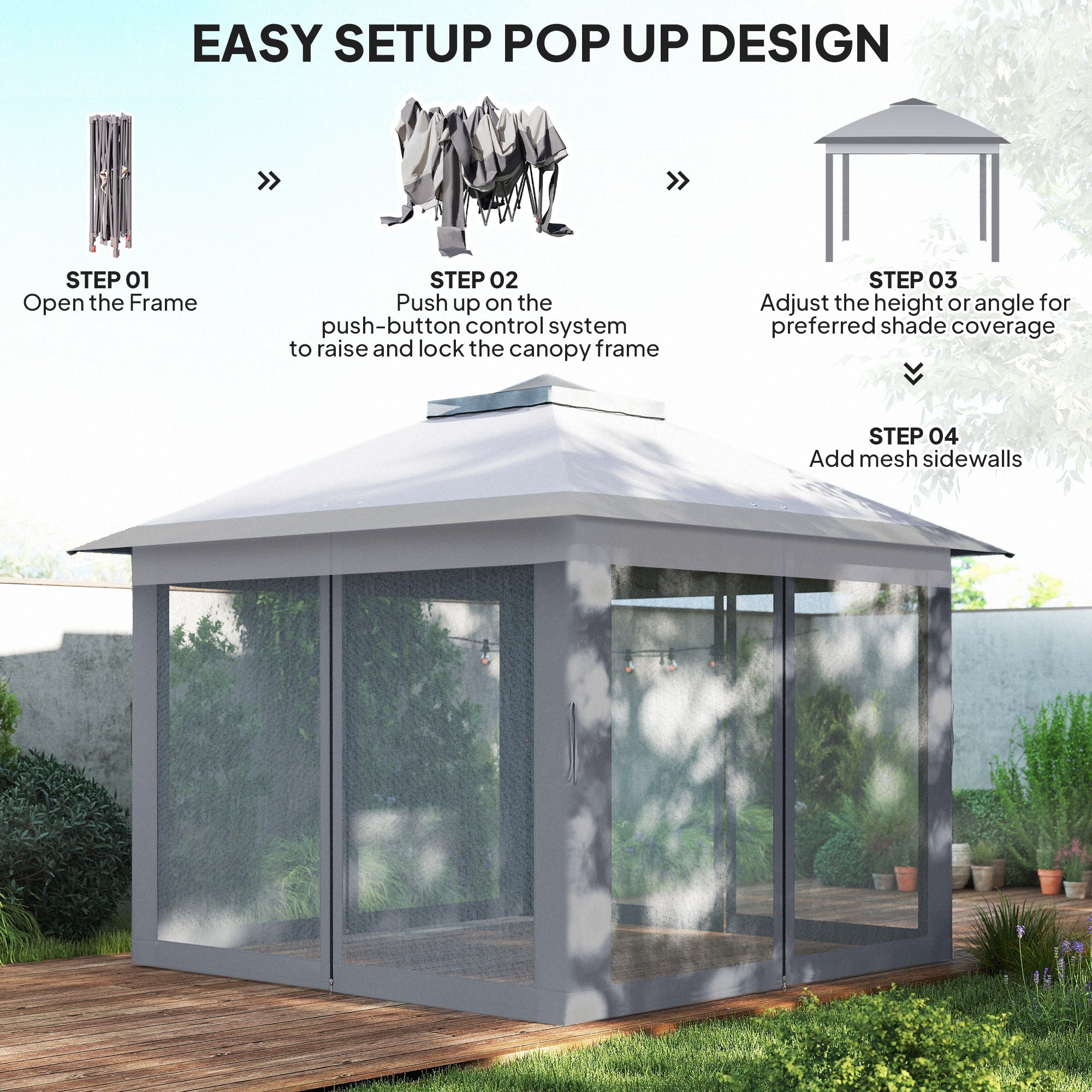 11' x 11' Pop Up Gazebo, Double Roof Foldable Height Adjustable Canopy Tent with Mesh Sidewalls, Carrying Bag, Grey - Image 7