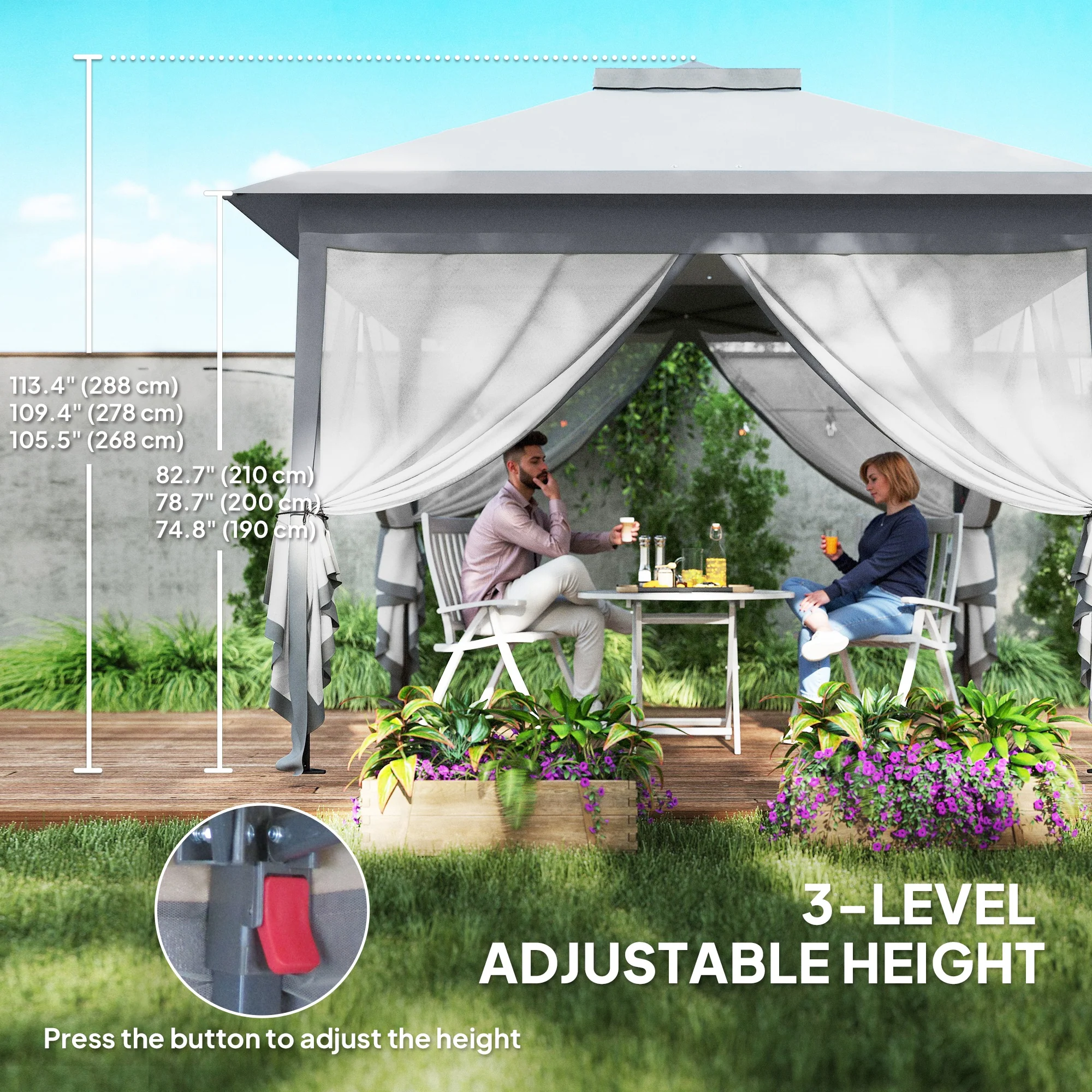 11' x 11' Pop Up Gazebo, Double Roof Foldable Height Adjustable Canopy Tent with Mesh Sidewalls, Carrying Bag, Grey - Image 8