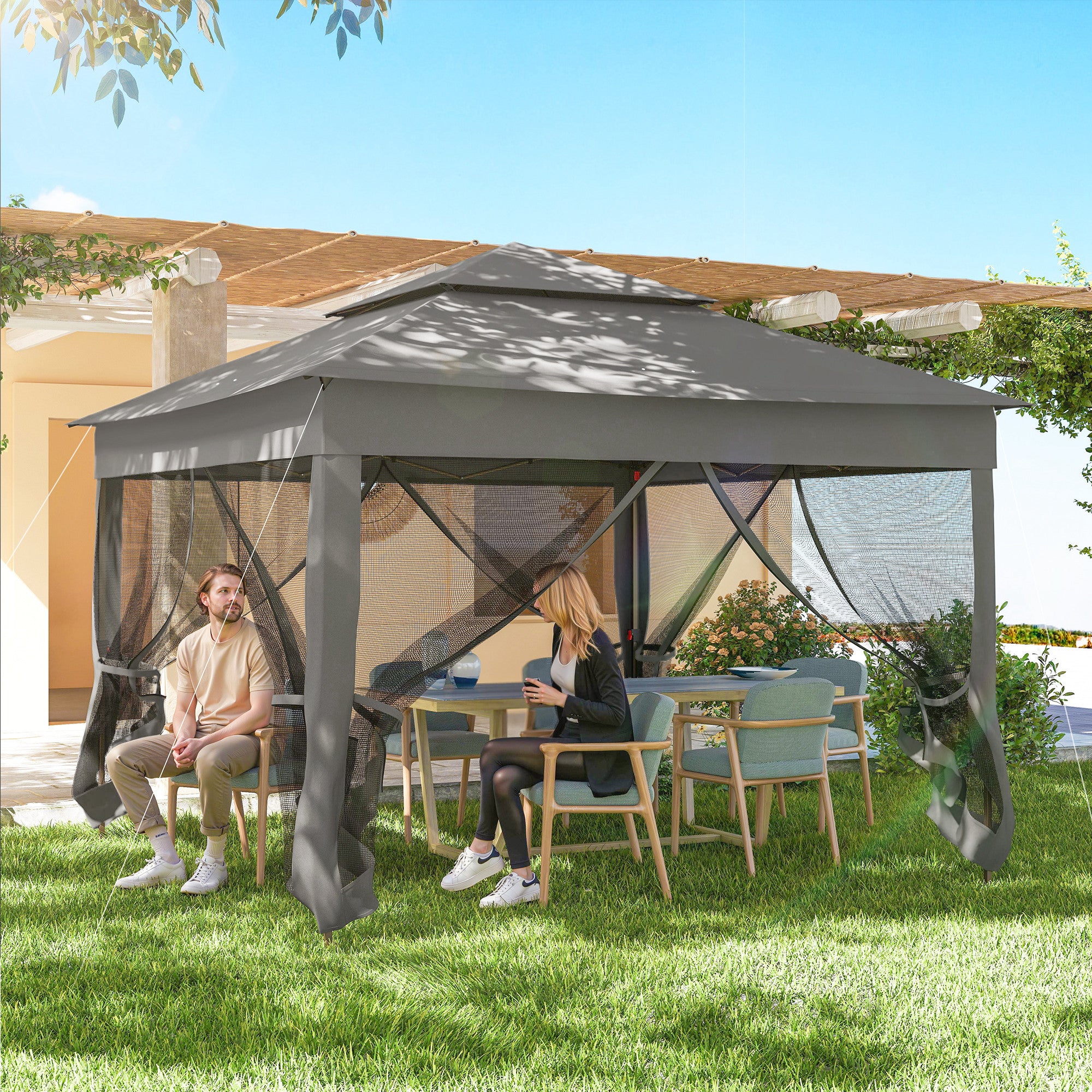 11' x 11' Pop Up Canopy 2-Tier Soft Top Shelter Event Tent w/ Netting Carry Bag for Patio Backyard Garden, Dark Grey - Image 10