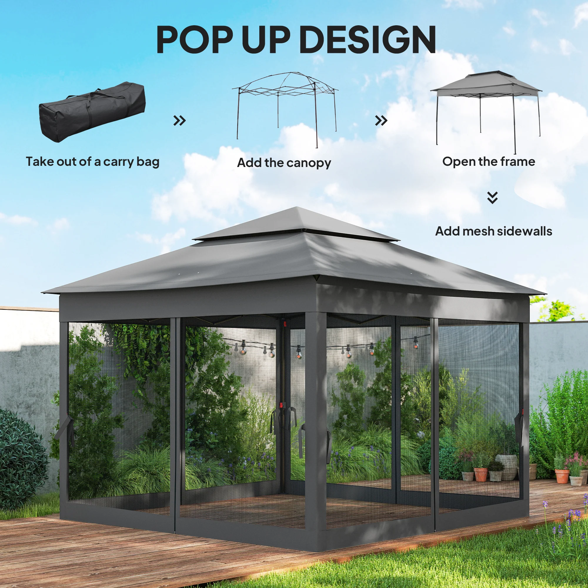 11' x 11' Pop Up Canopy 2-Tier Soft Top Shelter Event Tent w/ Netting Carry Bag for Patio Backyard Garden, Dark Grey - Image 6