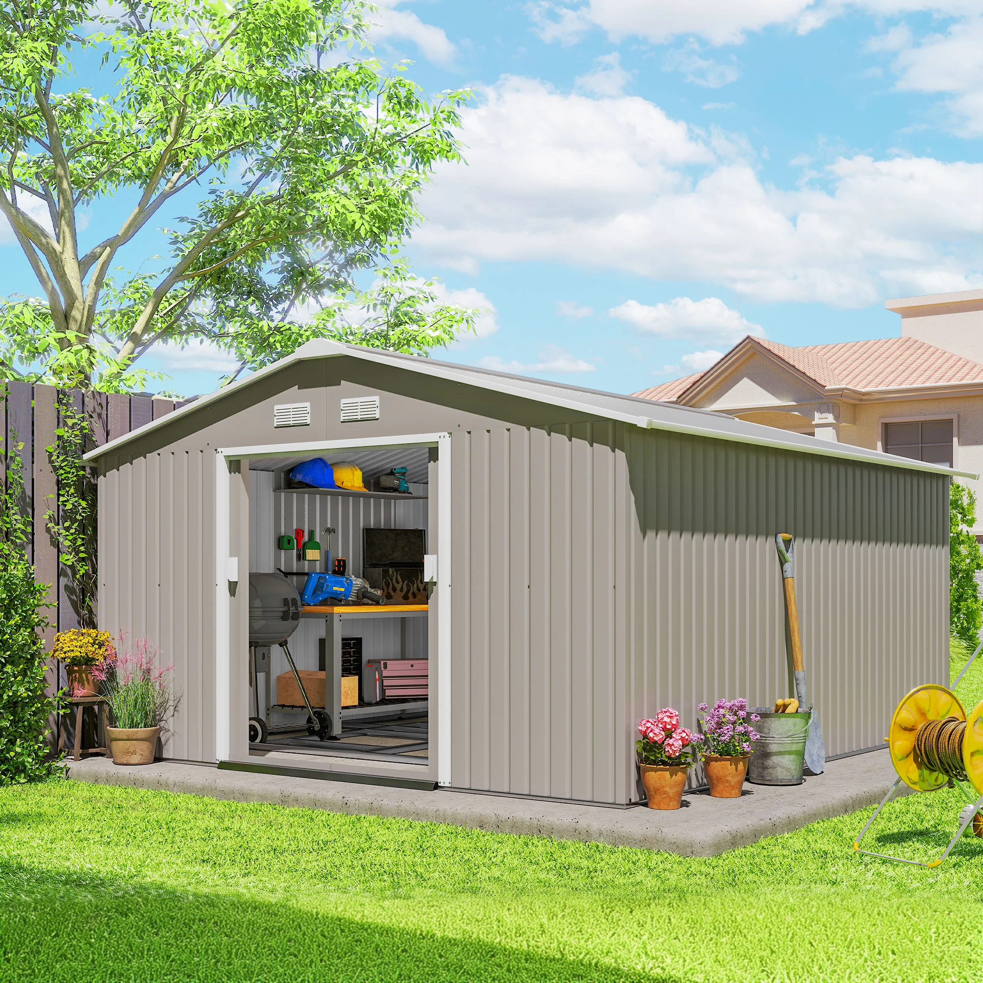 EverBase 11' x 13' Metal Garden Storage Shed with Foundation Kit & Double Doors, Light Grey - Image 4