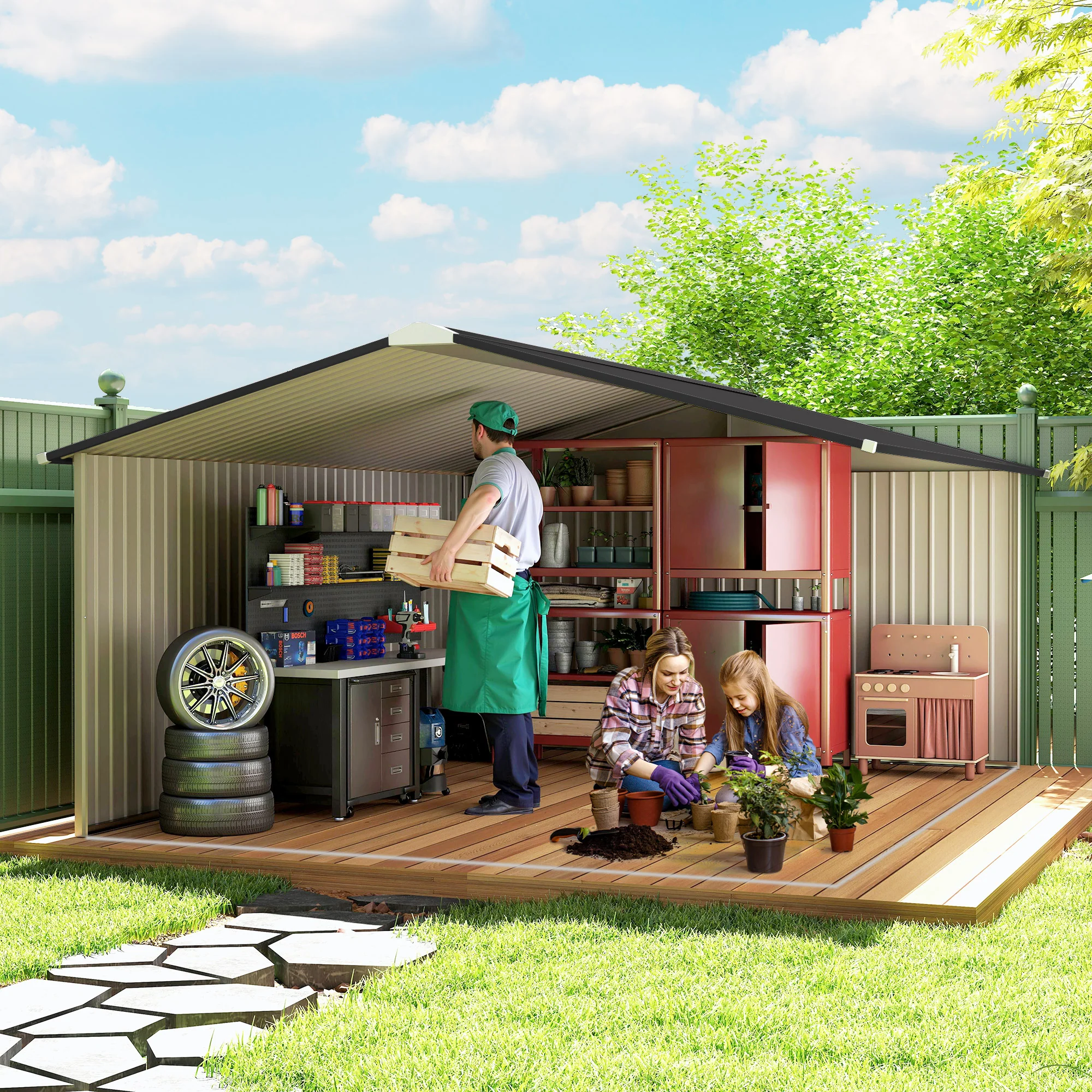 EverBase 11' x 13' Metal Garden Storage Shed with Foundation Kit & Double Doors, White - Image 11