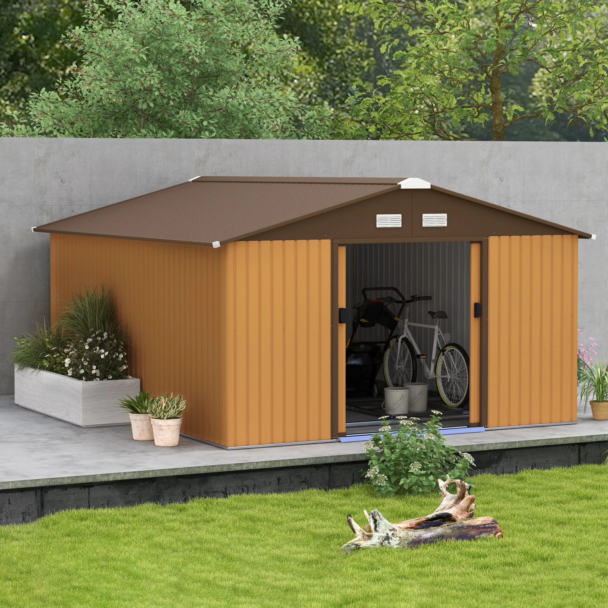 EverBase 11' x 13' Metal Garden Storage Shed with Foundation Kit & Double Doors, Yellow - Image 3