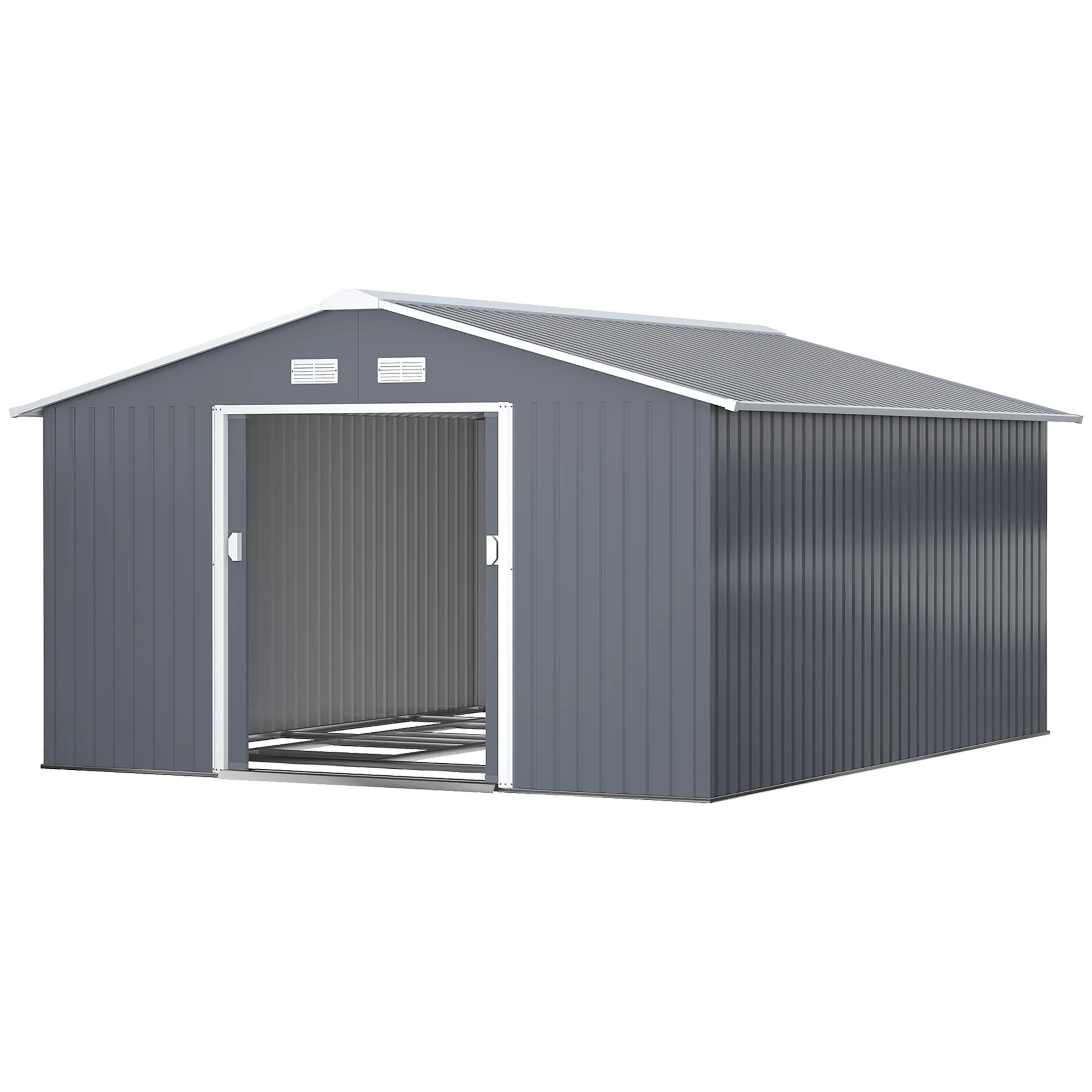 EverBase 11' x 13' Metal Garden Storage Shed with Foundation Kit & Double Doors, Grey - Image 2