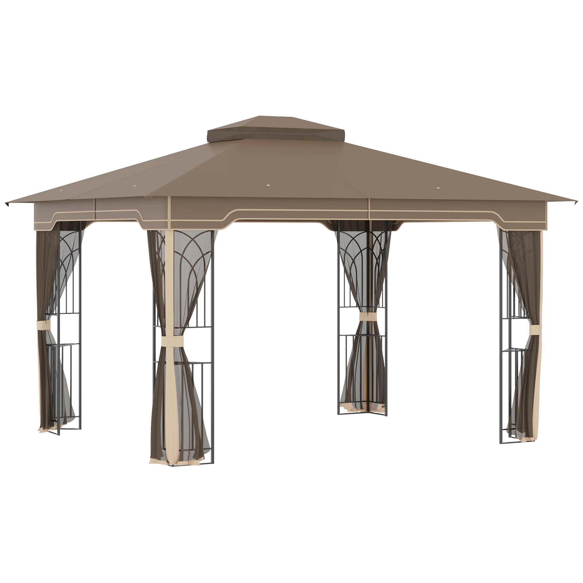 12' x 10' Patio Gazebo with Double Tier Roof and Netting Sidewalls, Beige