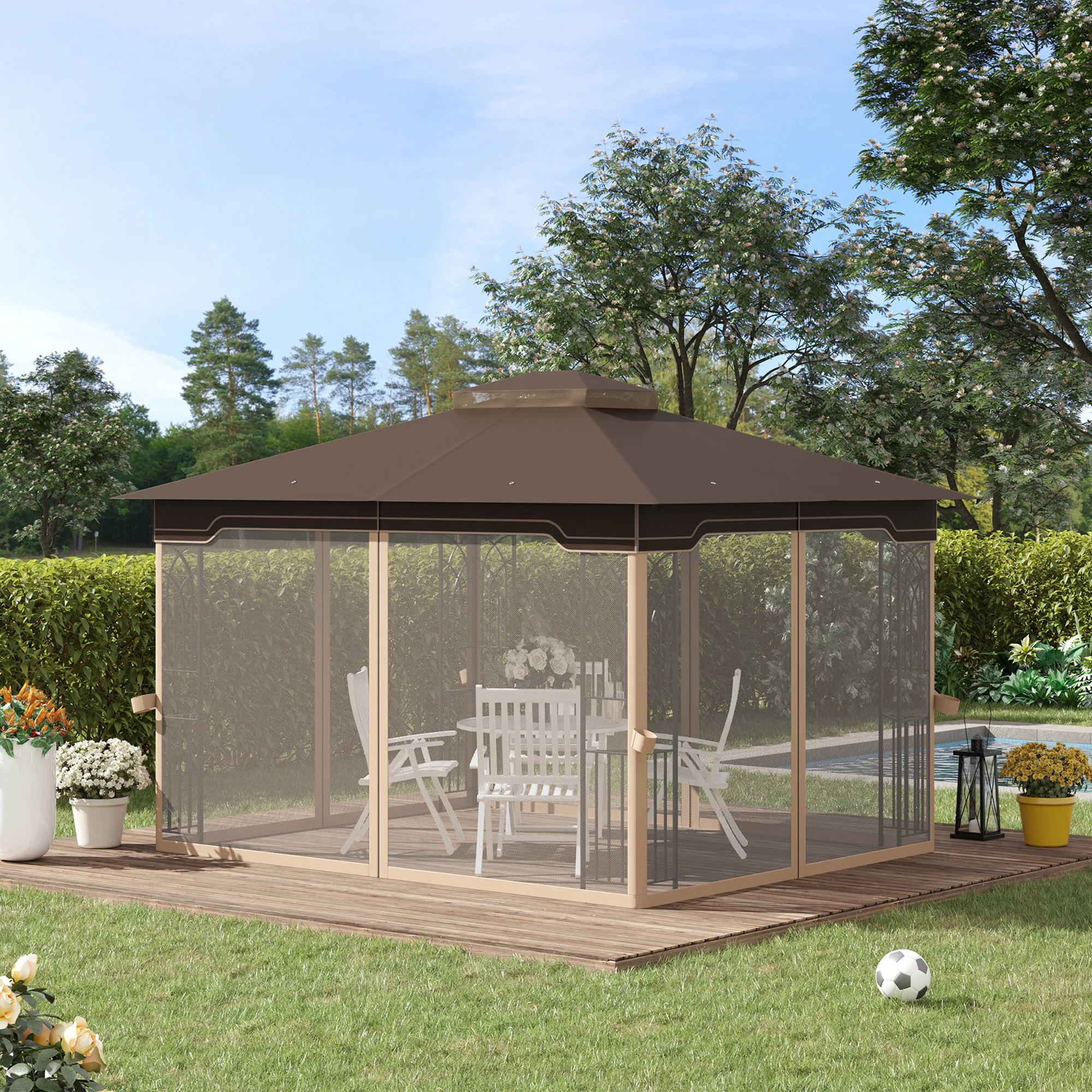 12' x 10' Patio Gazebo with Double Tier Roof and Netting Sidewalls, Brown - Image 3