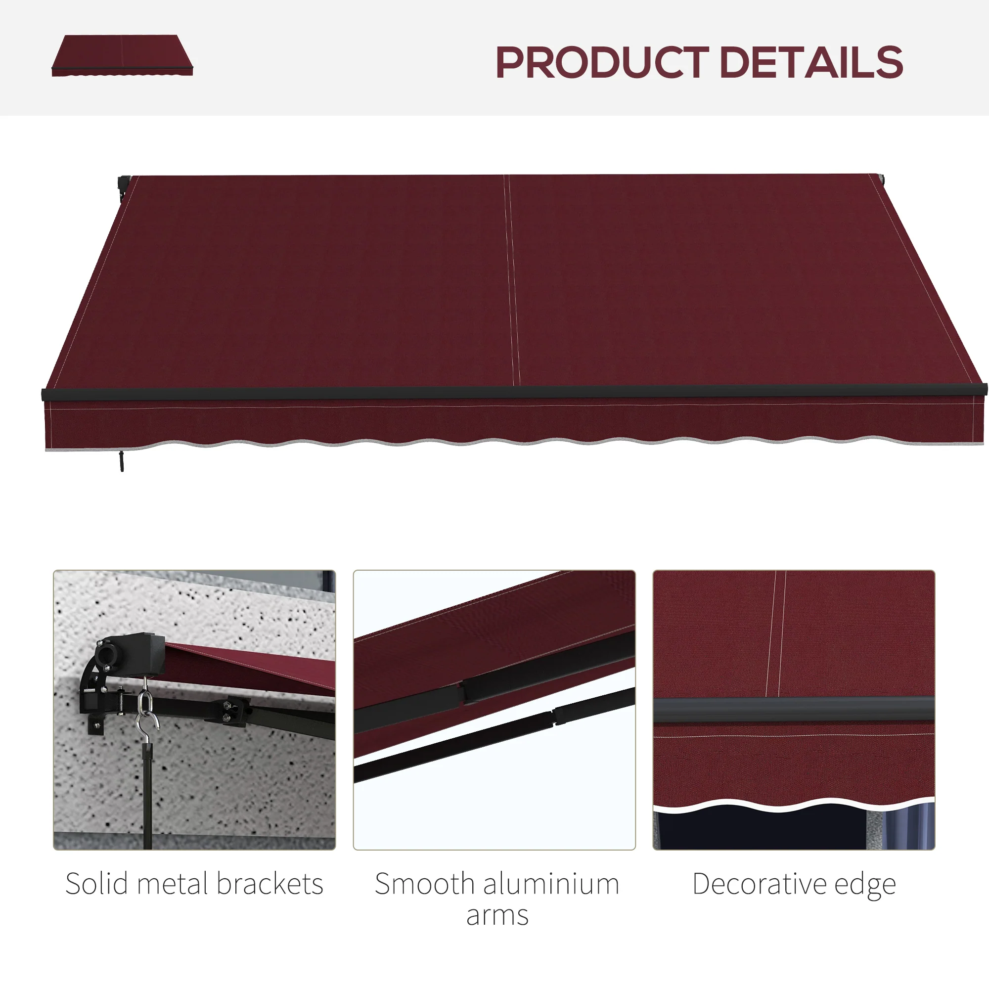 12' x 10' Retractable Awning with Manual Crank, 280gsm UV Resistant Fabric and Aluminum Frame, Wine Red - Image 10