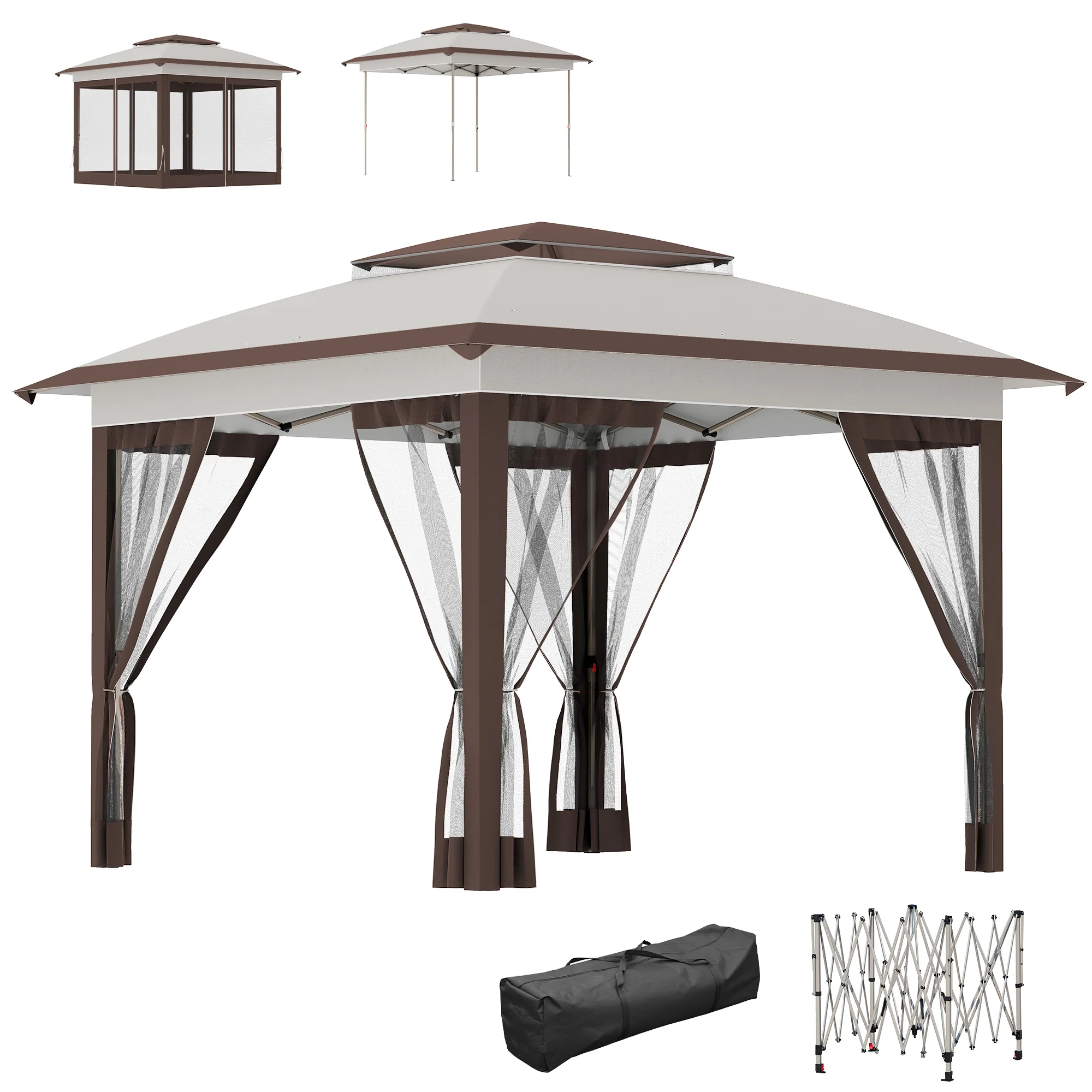 12' x 12' Pop Up Canopy Sun Shade Instant Tent Folding with Mesh Sidewalls, Beige and Dark Brown - Image 12