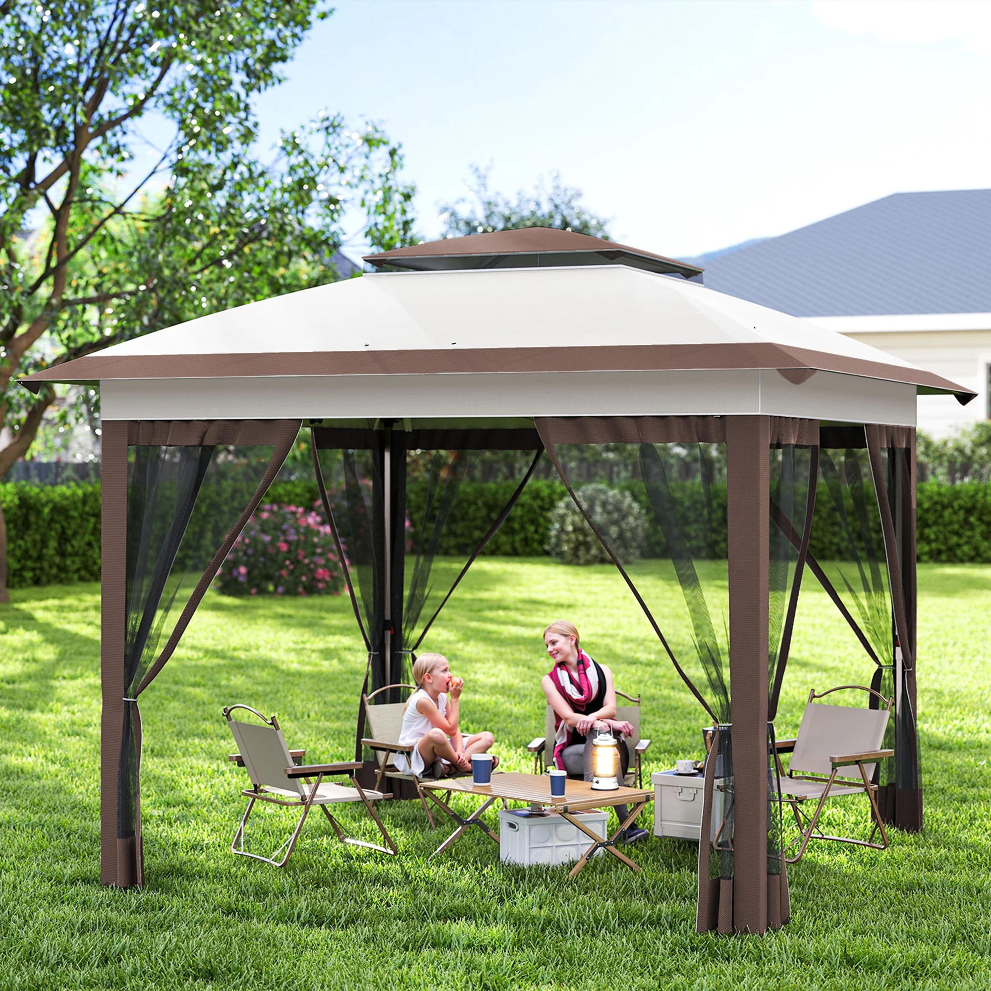 12' x 12' Pop Up Canopy Sun Shade Instant Tent Folding with Mesh Sidewalls, Beige and Dark Brown - Image 4