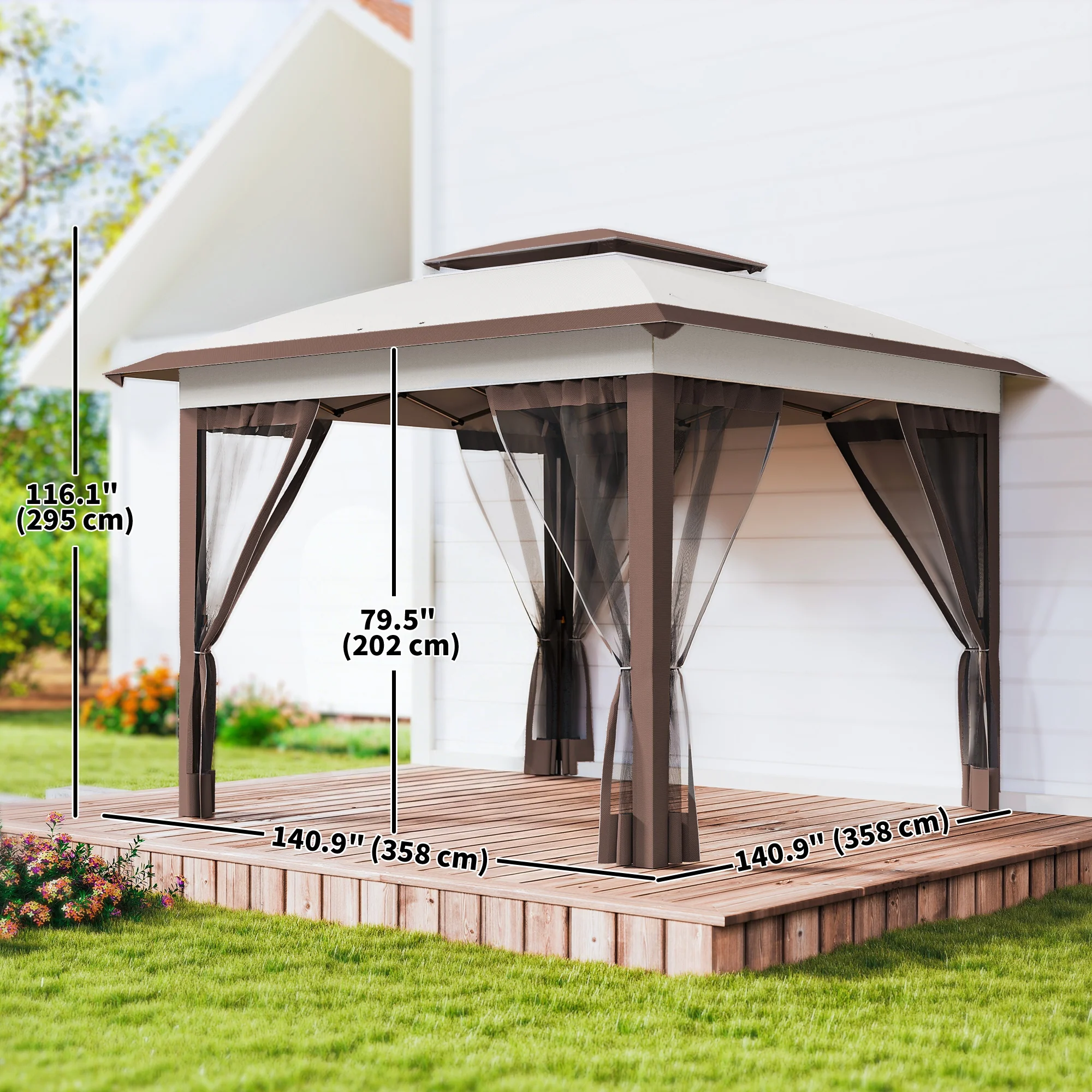 12' x 12' Pop Up Canopy Sun Shade Instant Tent Folding with Mesh Sidewalls, Beige and Dark Brown - Image 5