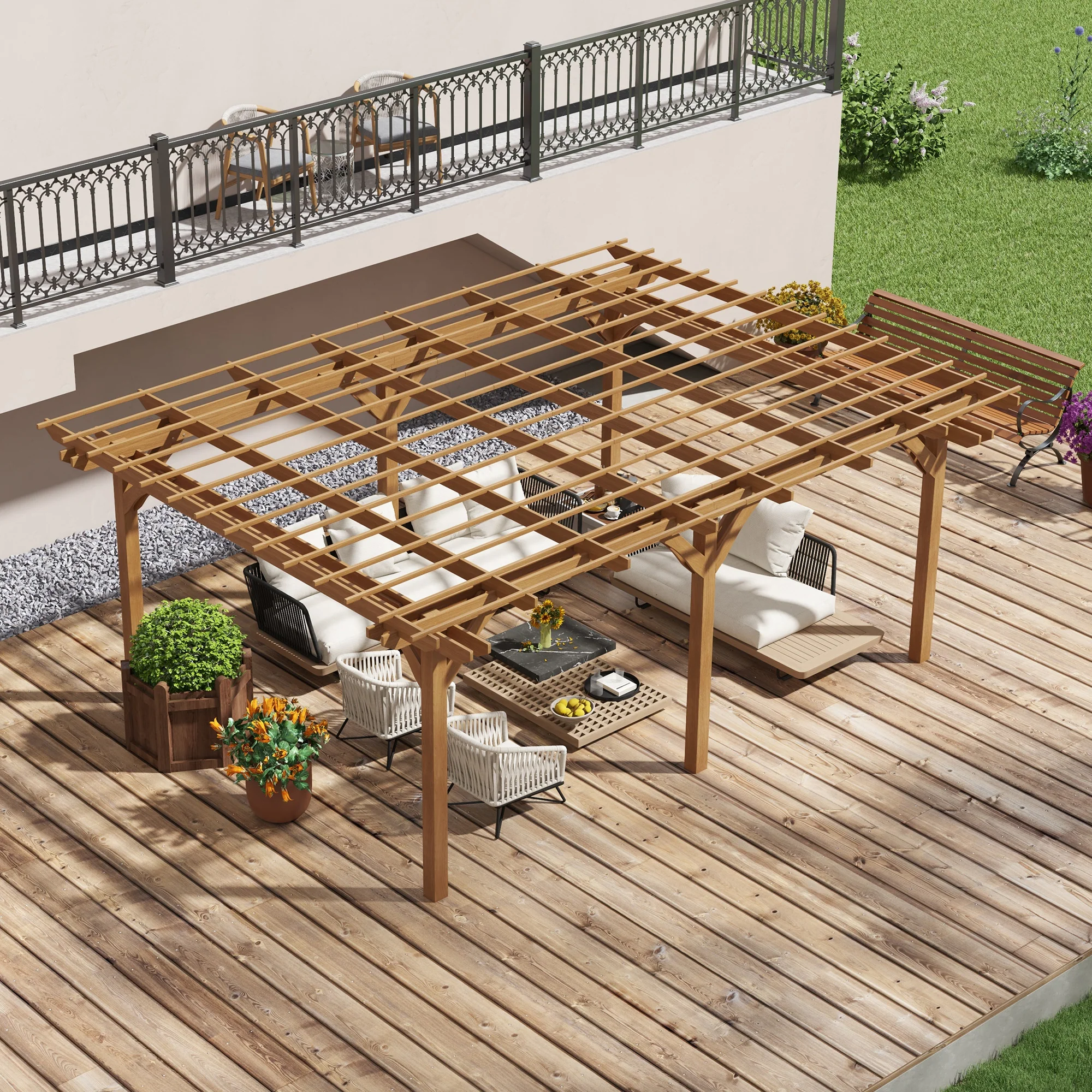 12' x 16' Outdoor Pergola, Wood Gazebo Grape Trellis with Stable Structure for Climbing Plant Support, Garden, Patio, Backyard, Deck, Brown - Image 9