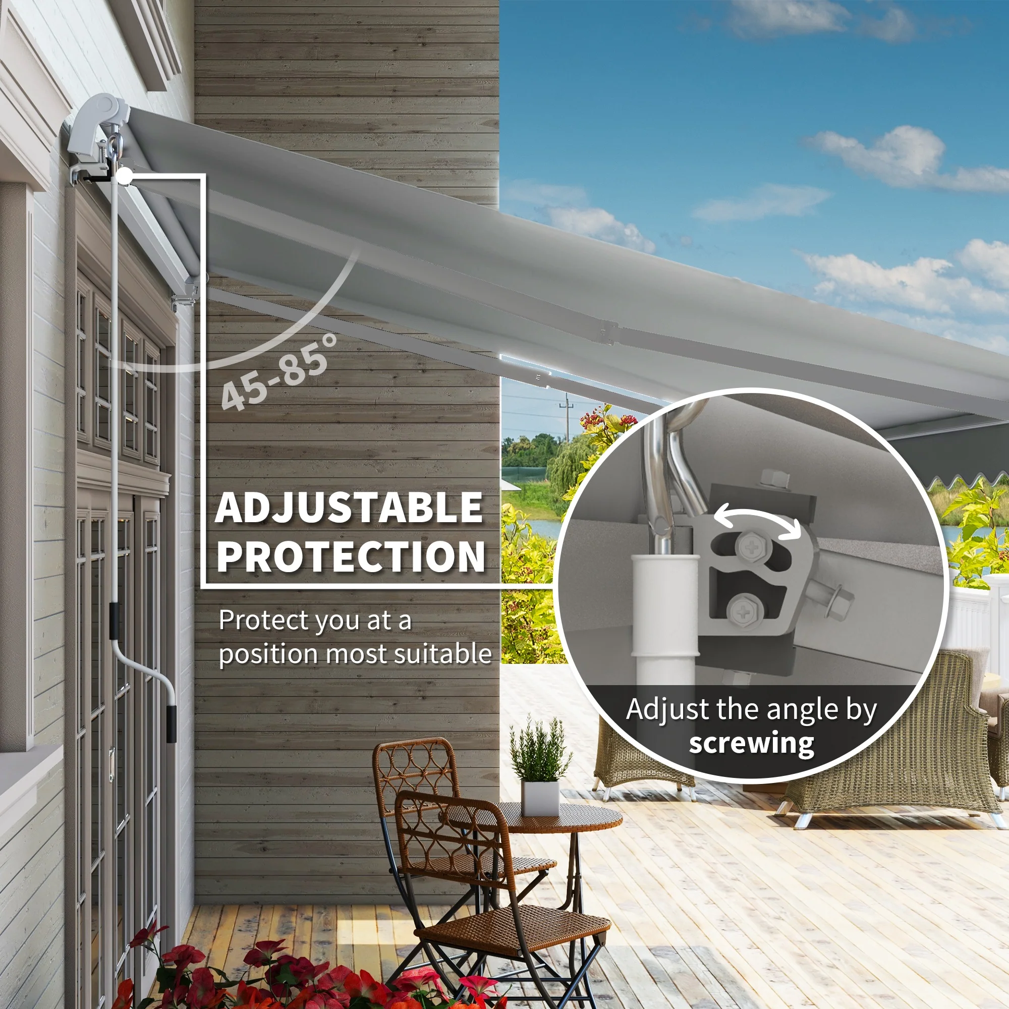 12' x 8' Retractable Patio Awning with Manual Crank, UV & Water-Resistant Fabric and Aluminum Frame, Grey - Image 6