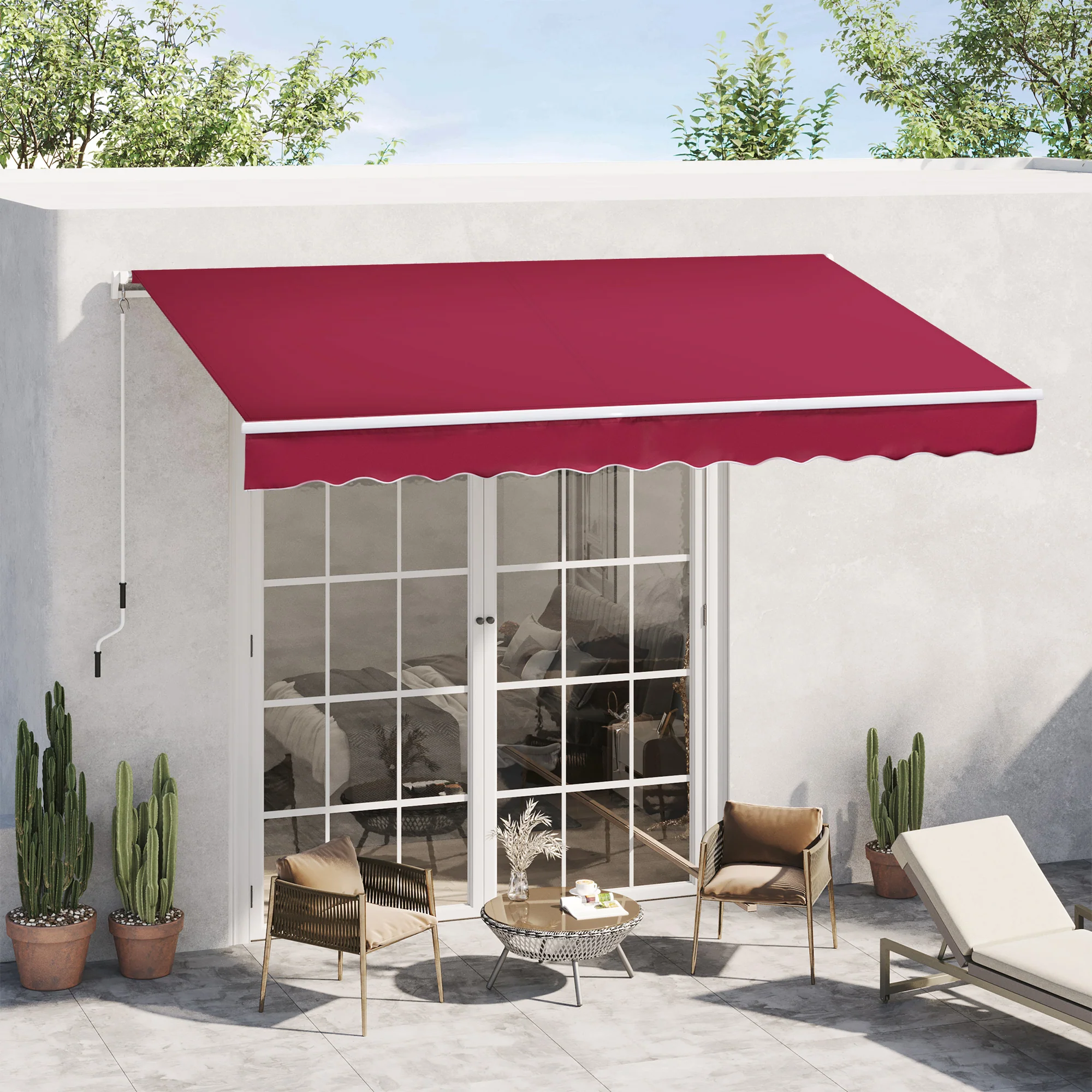 12' x 8' Retractable Patio Awning with Manual Crank, UV & Water-Resistant Fabric and Aluminum Frame, Wine Red - Image 3