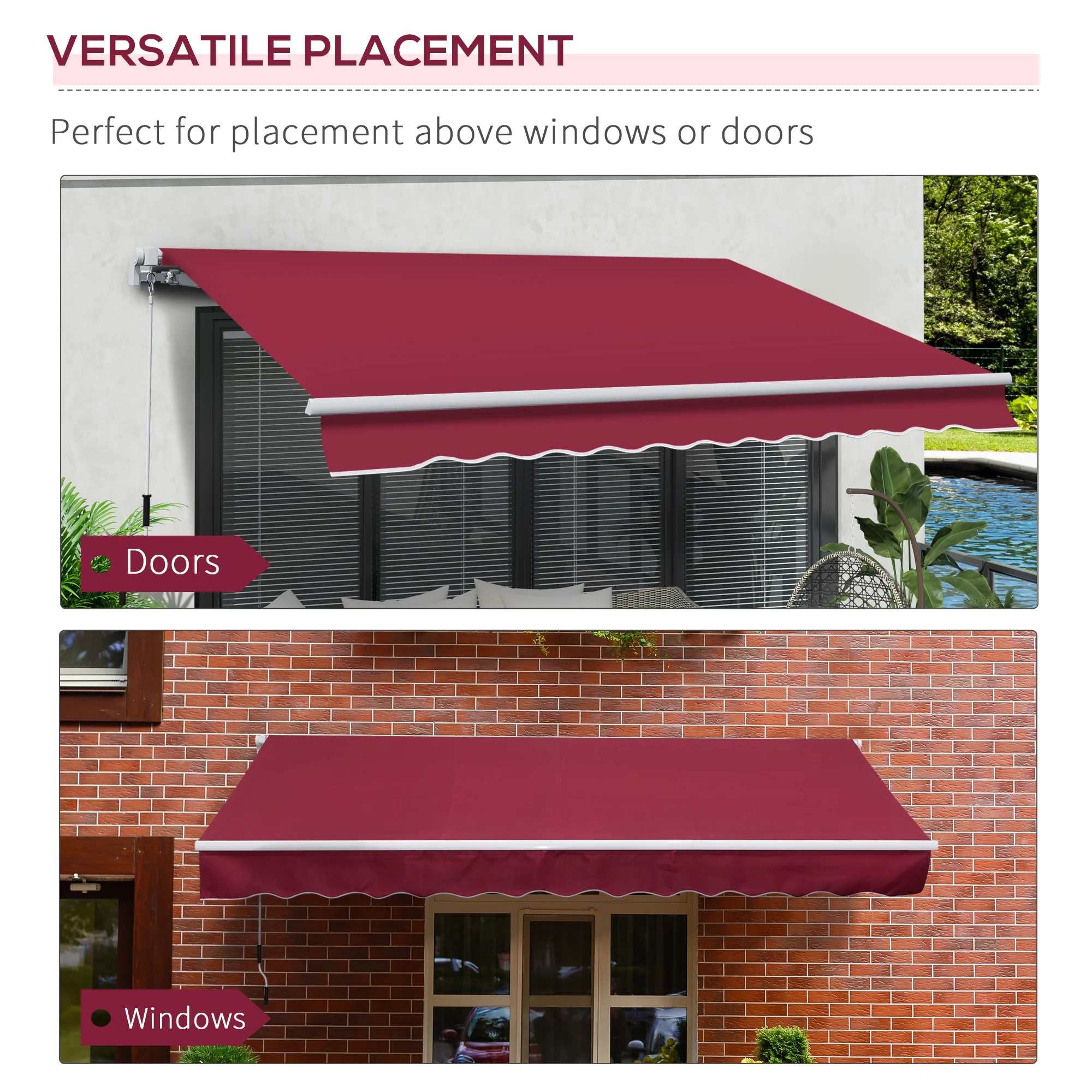12' x 8' Retractable Patio Awning with Manual Crank, UV & Water-Resistant Fabric and Aluminum Frame, Wine Red - Image 7