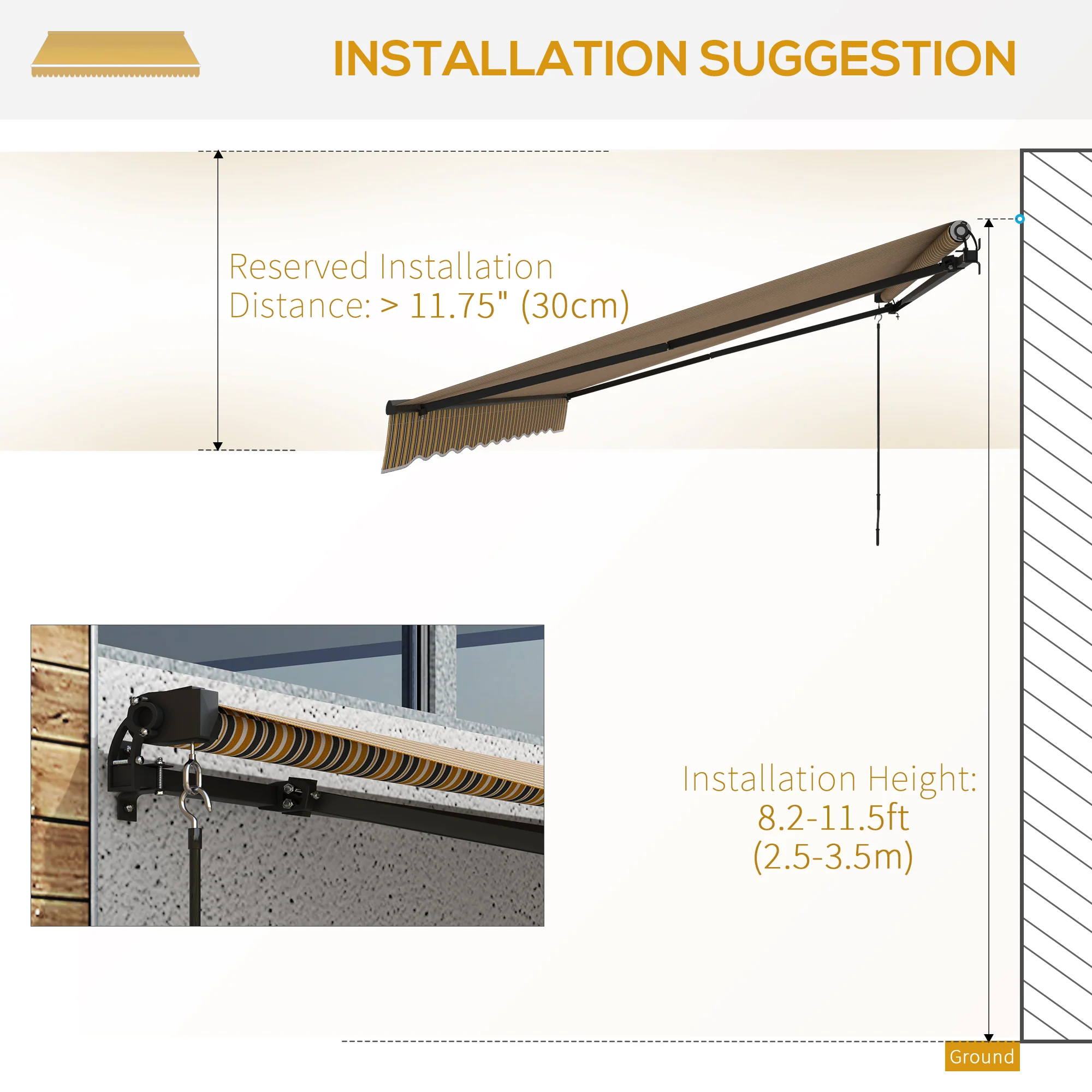 13' x 10' Retractable Awning with Manual Crank, 280gsm UV Resistant Fabric and Aluminum Frame, Amber/Dark Grey - Image 9