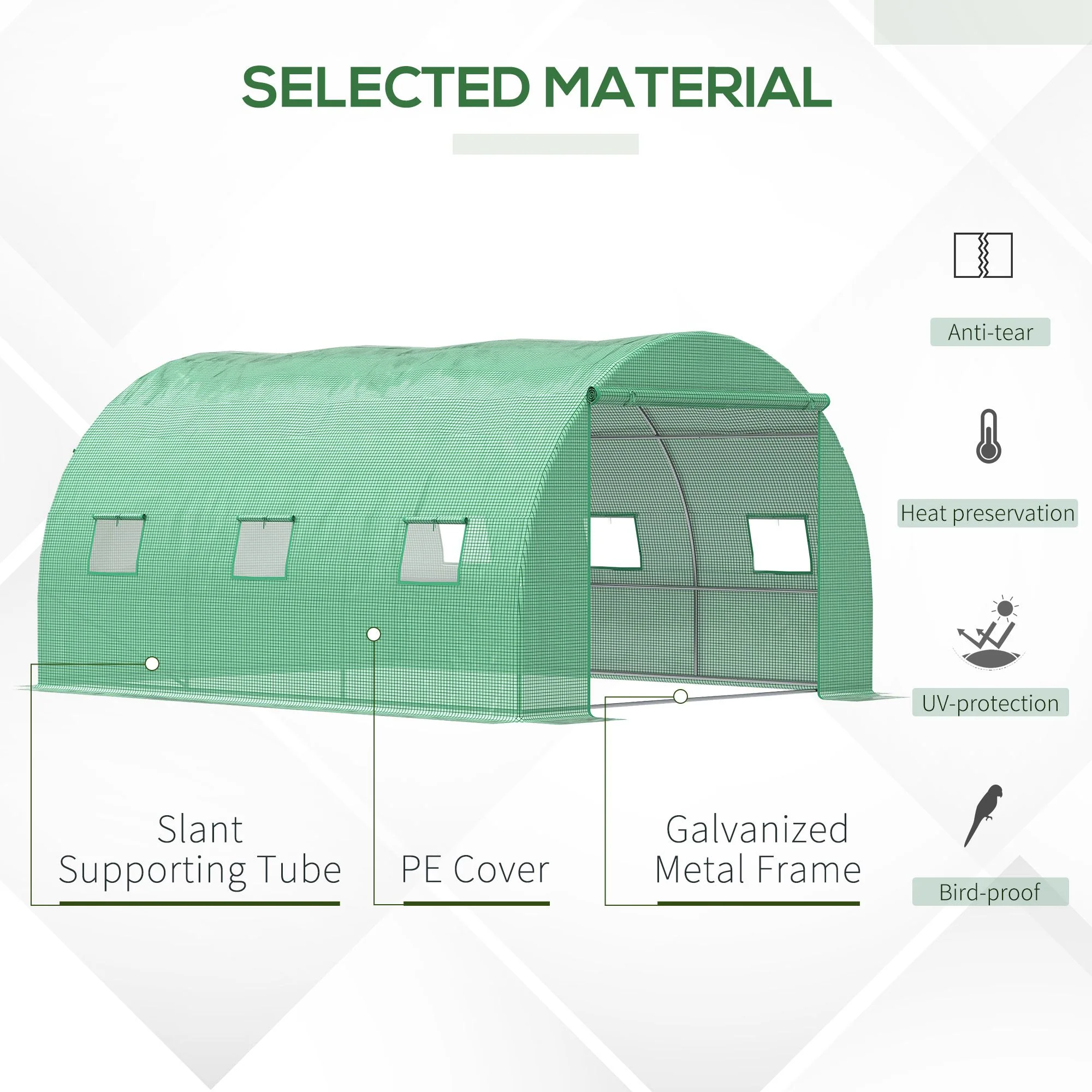 13' x 10' x 6.6' Walk-in Polytunnel Greenhouse, Outdoor Garden Tunnel Greenhouse Tent with Zipped Roll-Up Door and 6 Mesh Windows, Green - Image 6