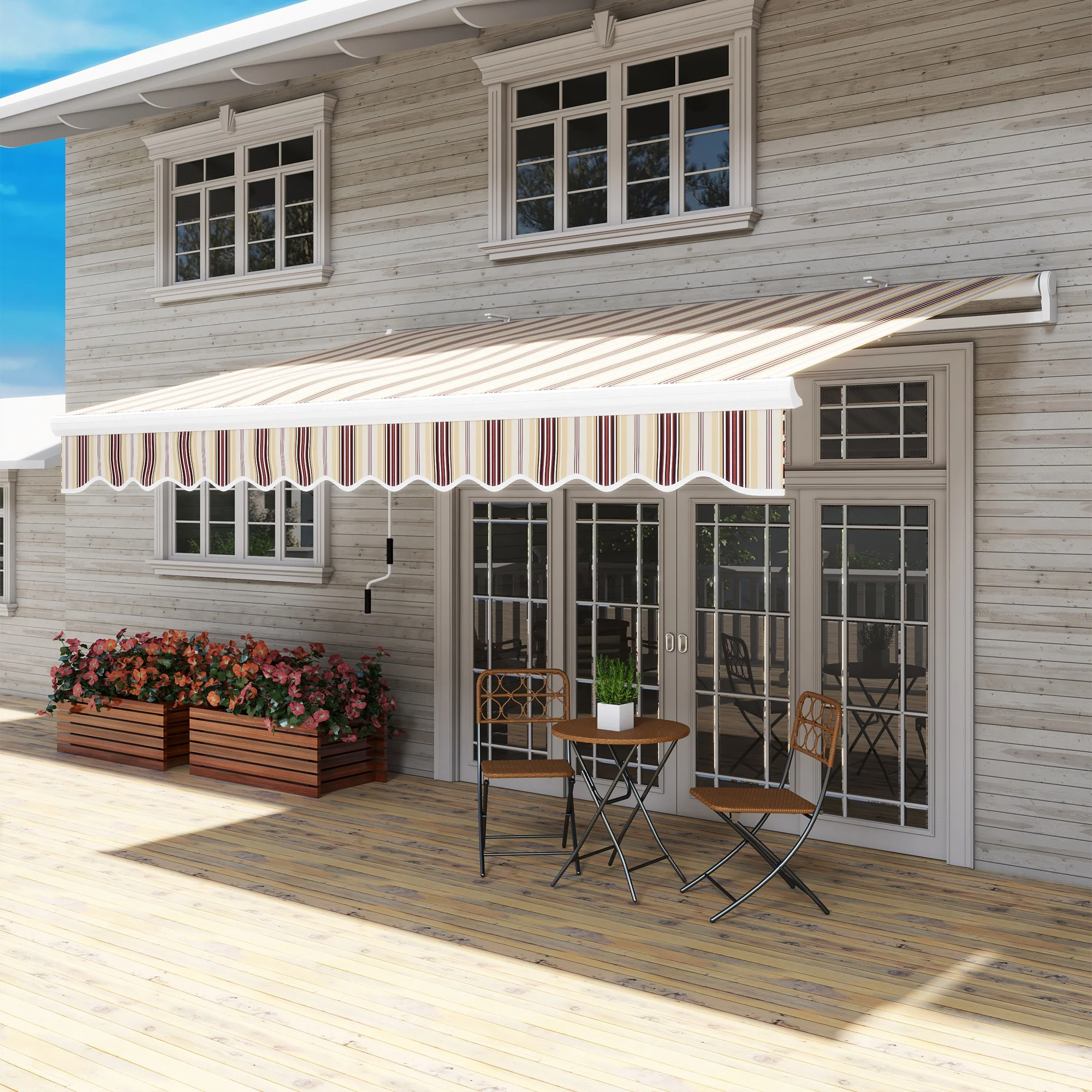 13' x 8' Retractable Patio Awning with Manual Crank, UV & Water-Resistant Fabric and Aluminum Frame, Red Stripe - Image 4
