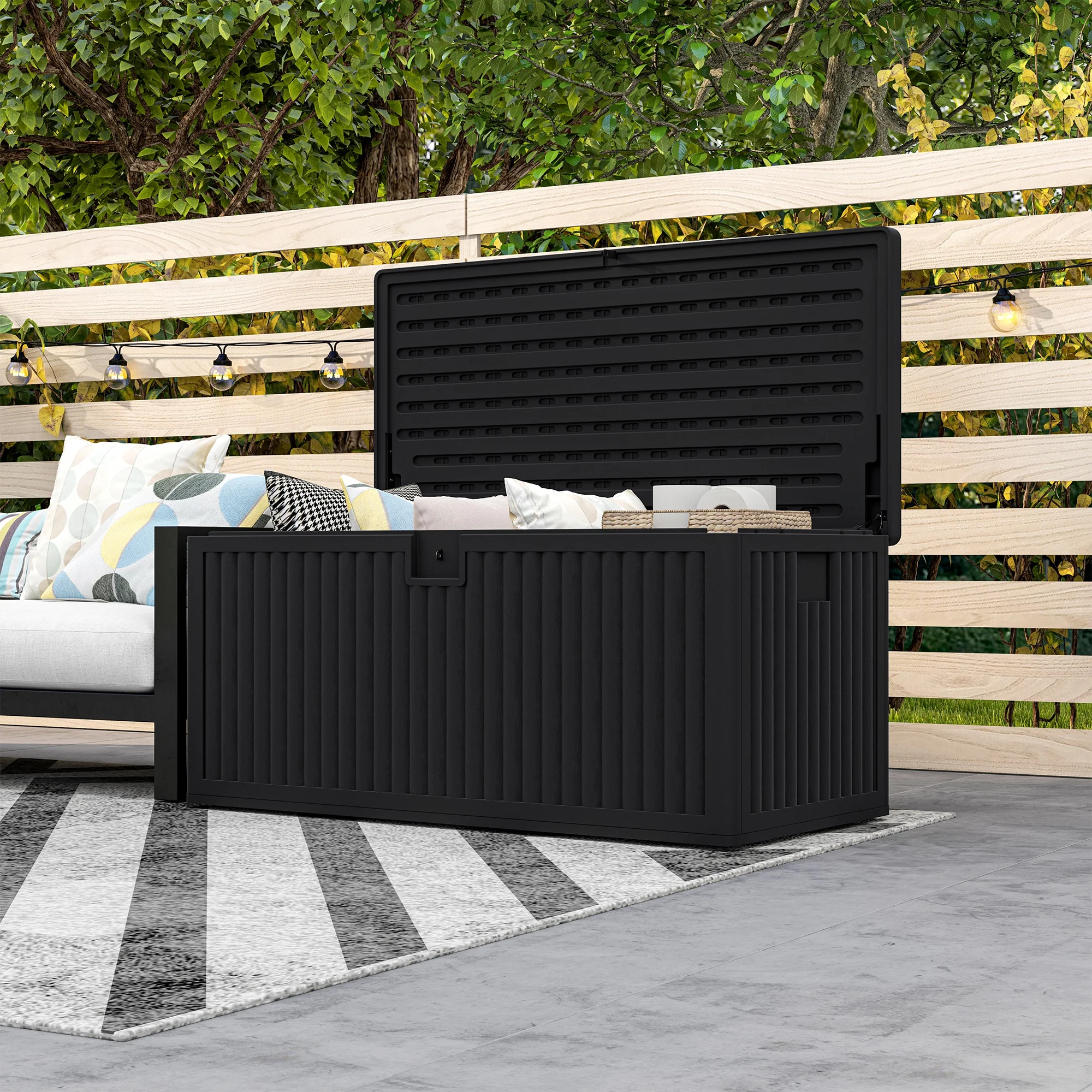 140 Gallon Black Resin Deck Box with Gas Struts, Waterproof & UV Resistant, Black - Image 9