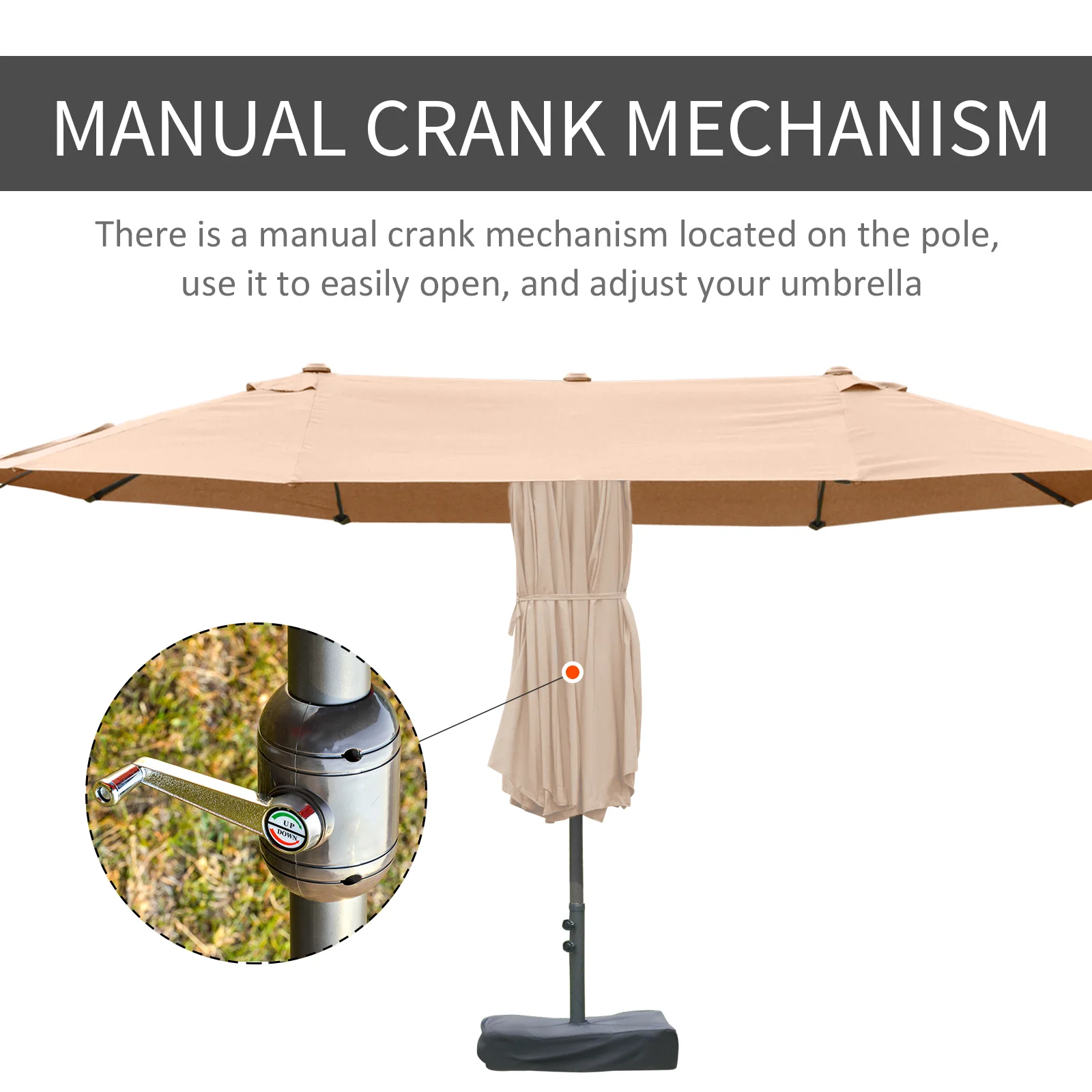 15' Twin Canopy Patio Umbrella with Crank & Cross Base, Brown - Image 8