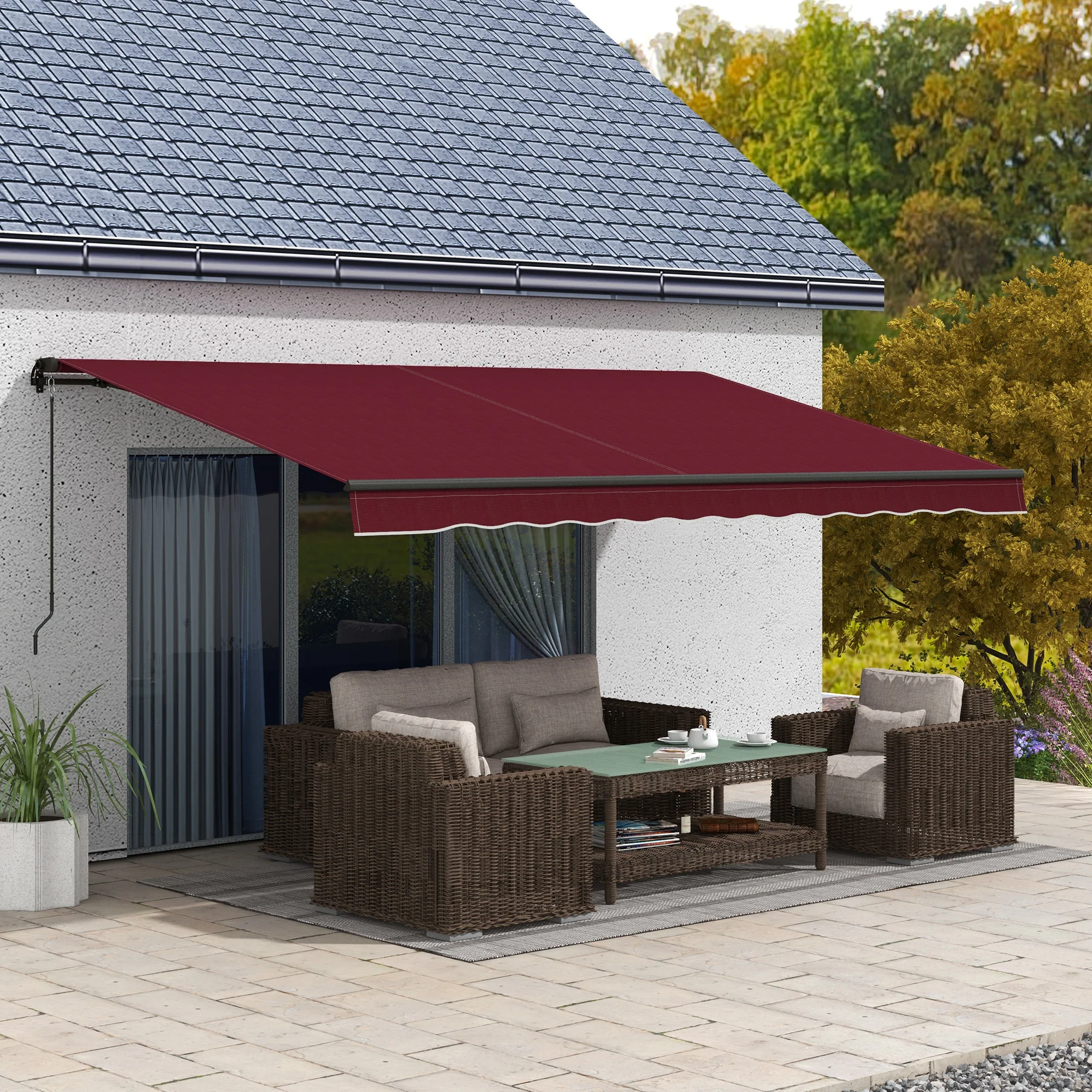 15' x 10' Retractable Awning with Manual Crank, 280gsm UV Resistant Fabric and Aluminum Frame, Wine Red - Image 3