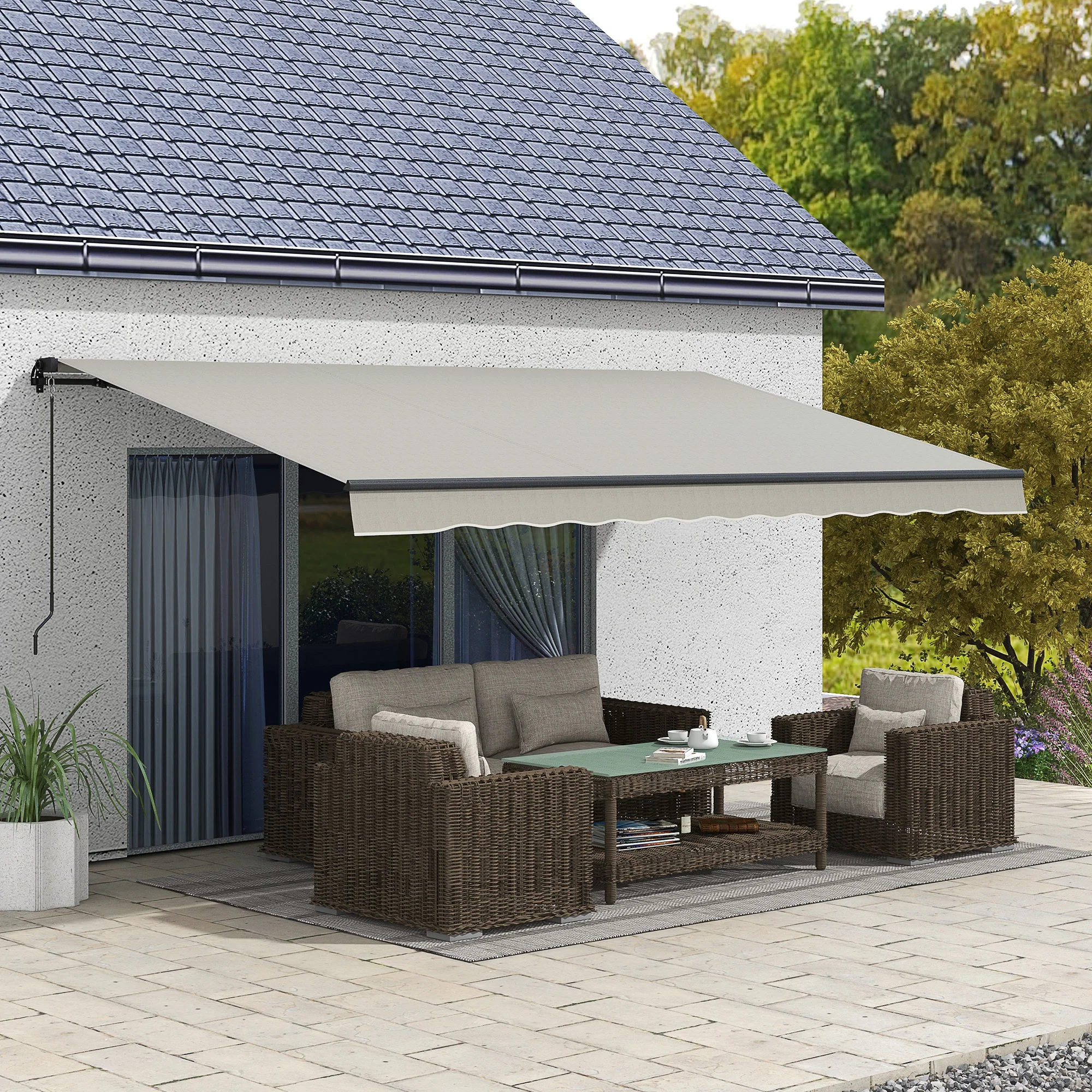 15' x 10' Retractable Awning with Manual Crank, 280gsm UV Resistant Fabric and Aluminum Frame, Light Grey - Image 3