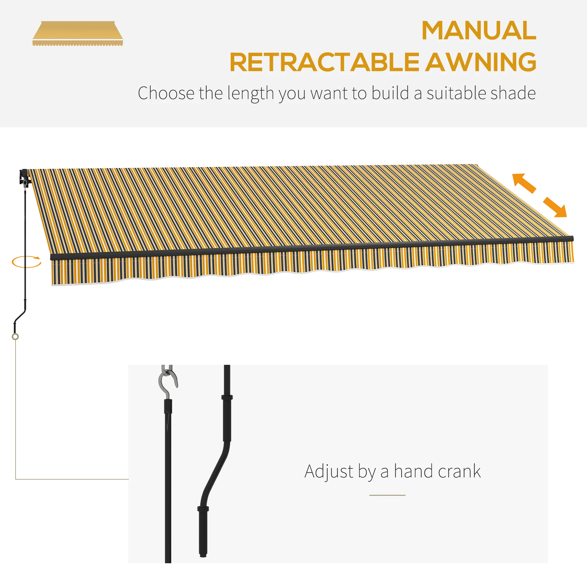 15' x 10' Retractable Awning with Manual Crank, 280gsm UV Resistant Fabric and Aluminum Frame, Amber/Grey - Image 6