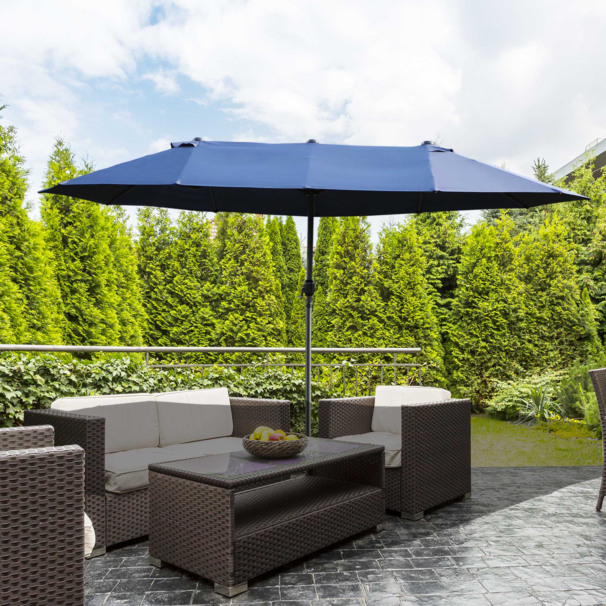 15' Twin Canopy Patio Umbrella with Crank, Air Vents, Blue - Image 4