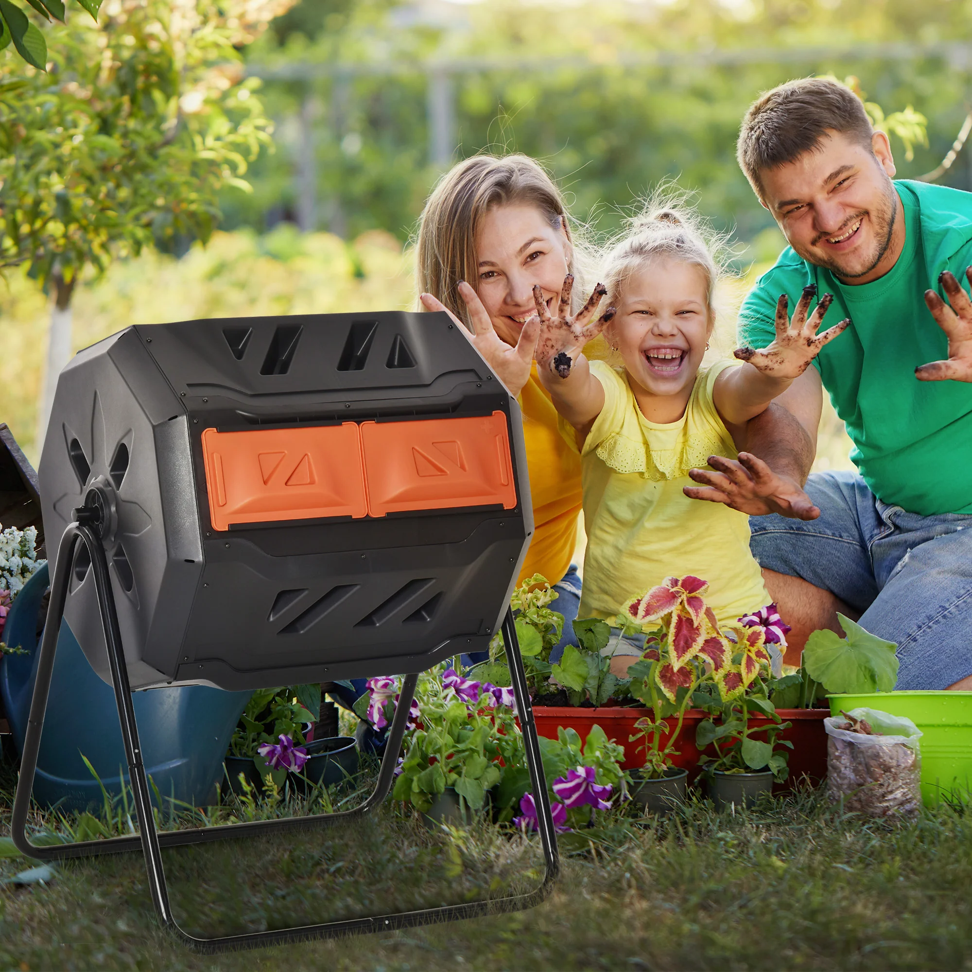 160L Tumbling Compost Bin Outdoor Dual Chamber 360¡ã Rotating Composter, Garden Compost Bin w/ Sliding Doors & Solid Steel Frame, Orange - Image 3