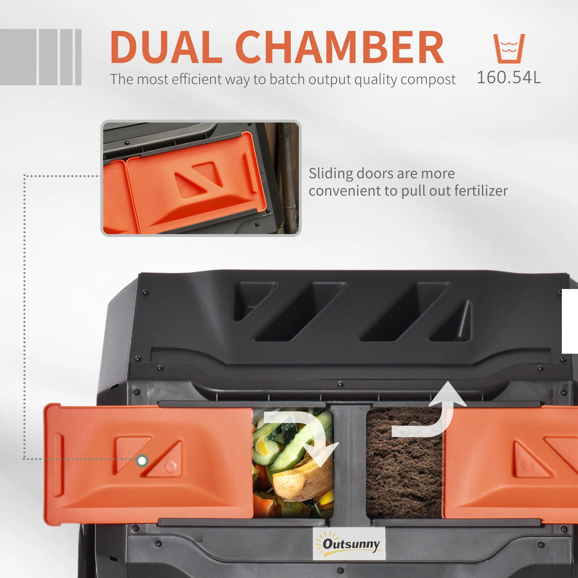 160L Tumbling Compost Bin Outdoor Dual Chamber 360¡ã Rotating Composter, Garden Compost Bin w/ Sliding Doors & Solid Steel Frame, Orange - Image 6