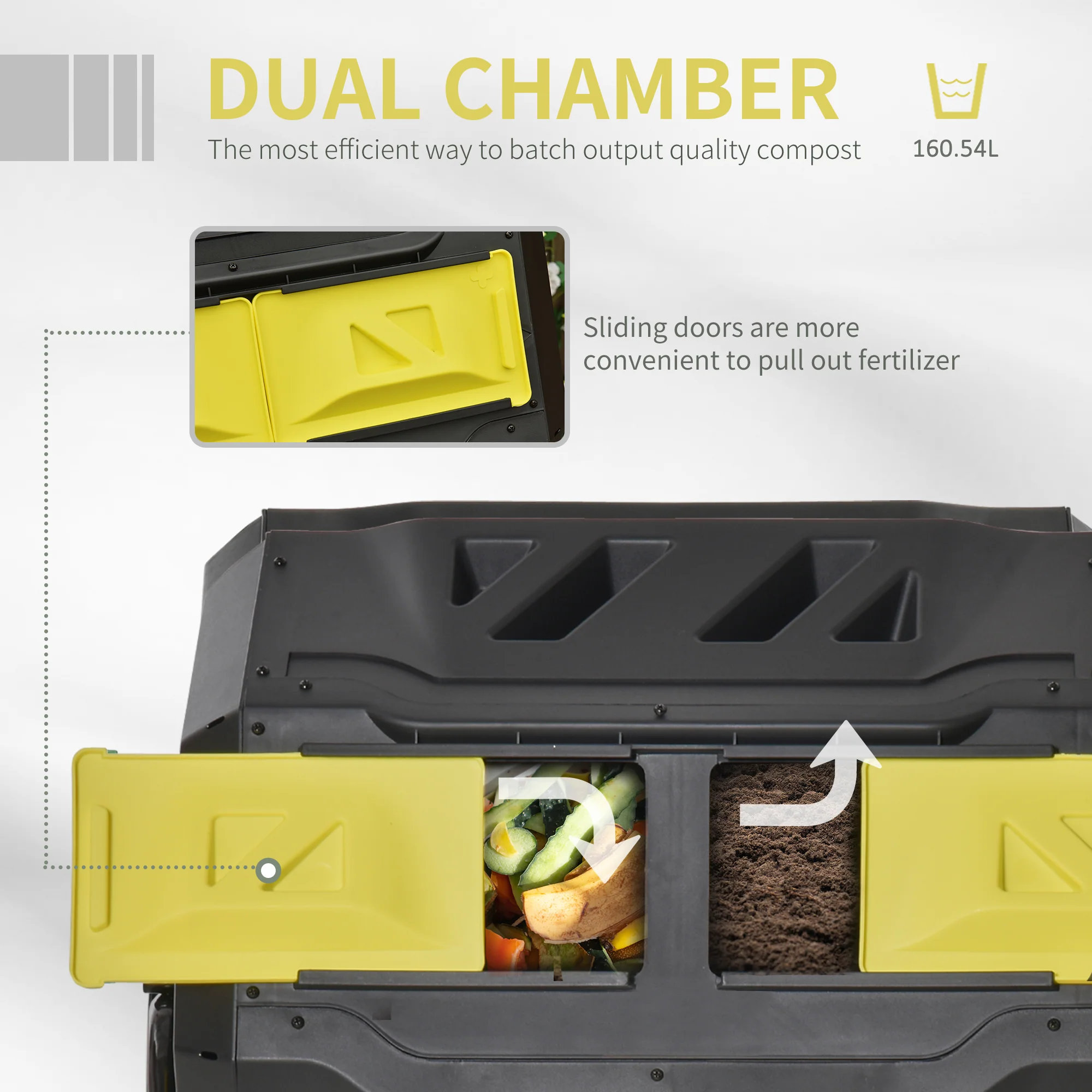 160L Tumbling Compost Bin Outdoor Dual Chamber 360¡ã Rotating Composter, Garden Compost Bin w/ Sliding Doors & Solid Steel Frame, Yellow - Image 6
