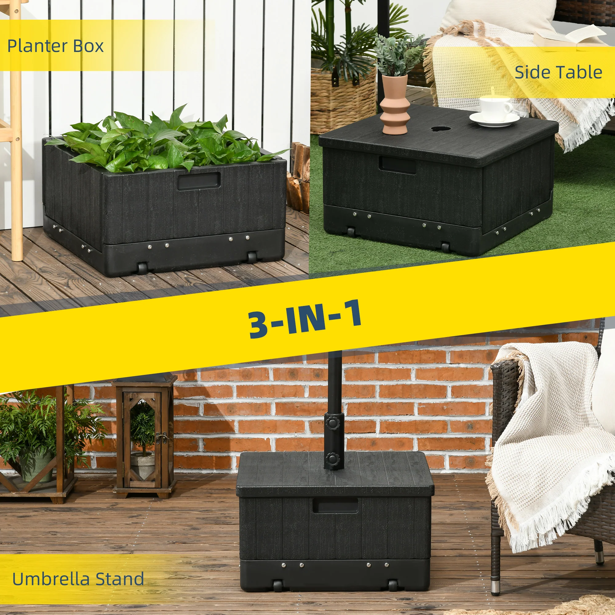 175lb Heavy Duty 3-in-1 Umbrella Base, Outdoor Side Table with Wheels, Black - Image 6