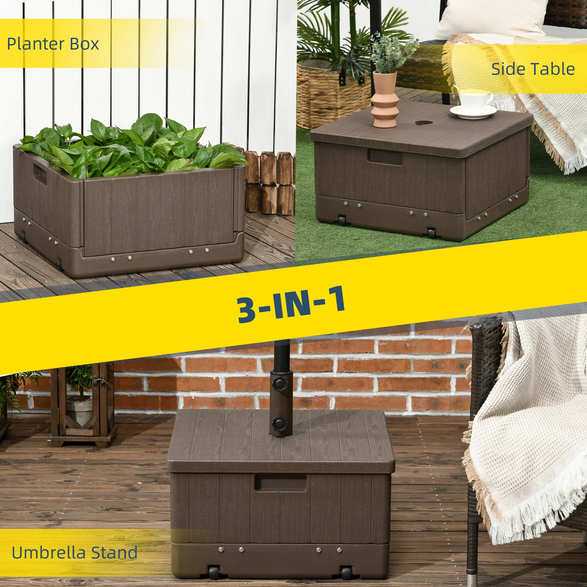 175lb Heavy Duty 3-in-1 Umbrella Base, Outdoor Side Table with Wheels, Brown - Image 6