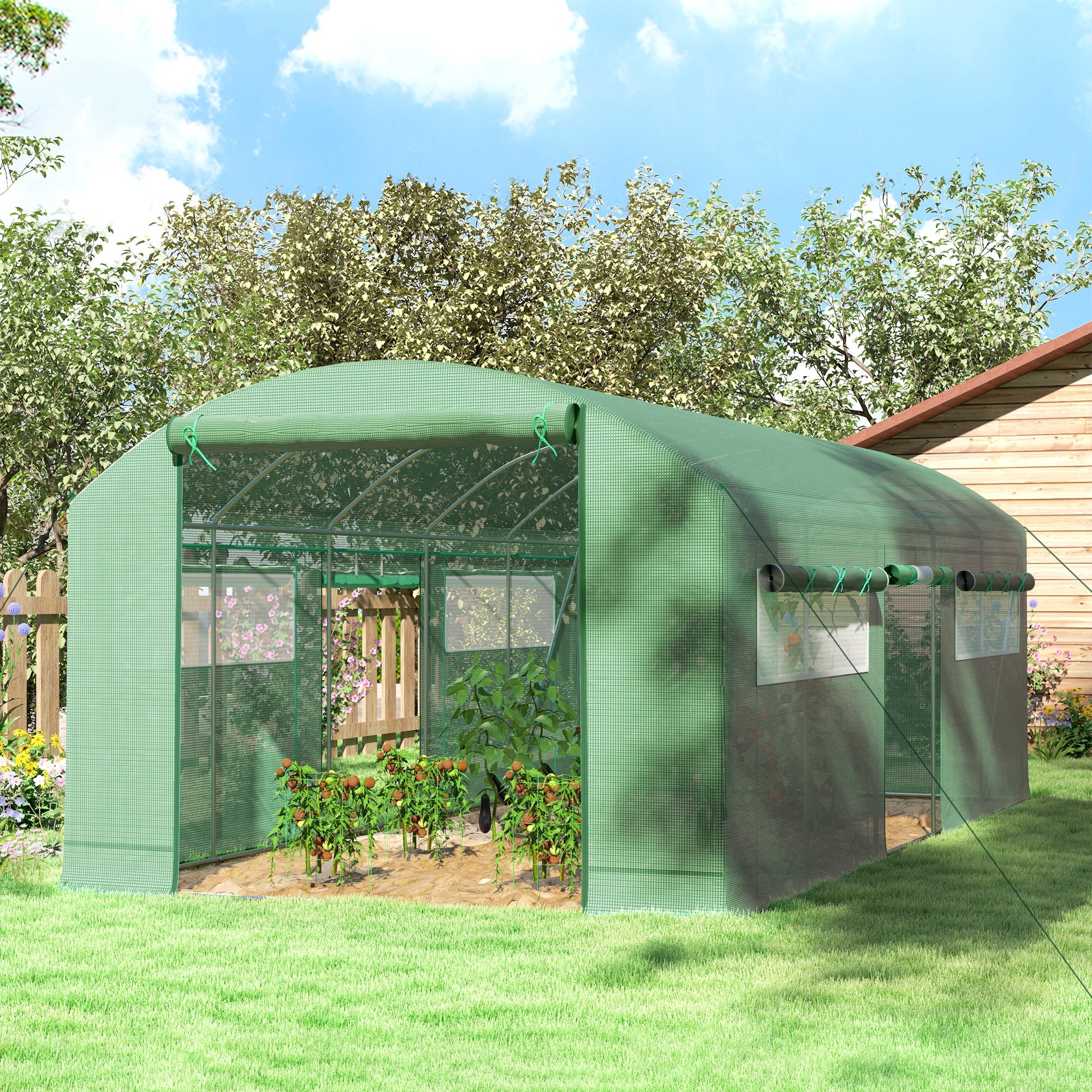 Walk-in Greenhouse with 3 Roll-Up Doors & 6 Mesh Windows, 19.5' x 10' x 7.5', Green - Image 4