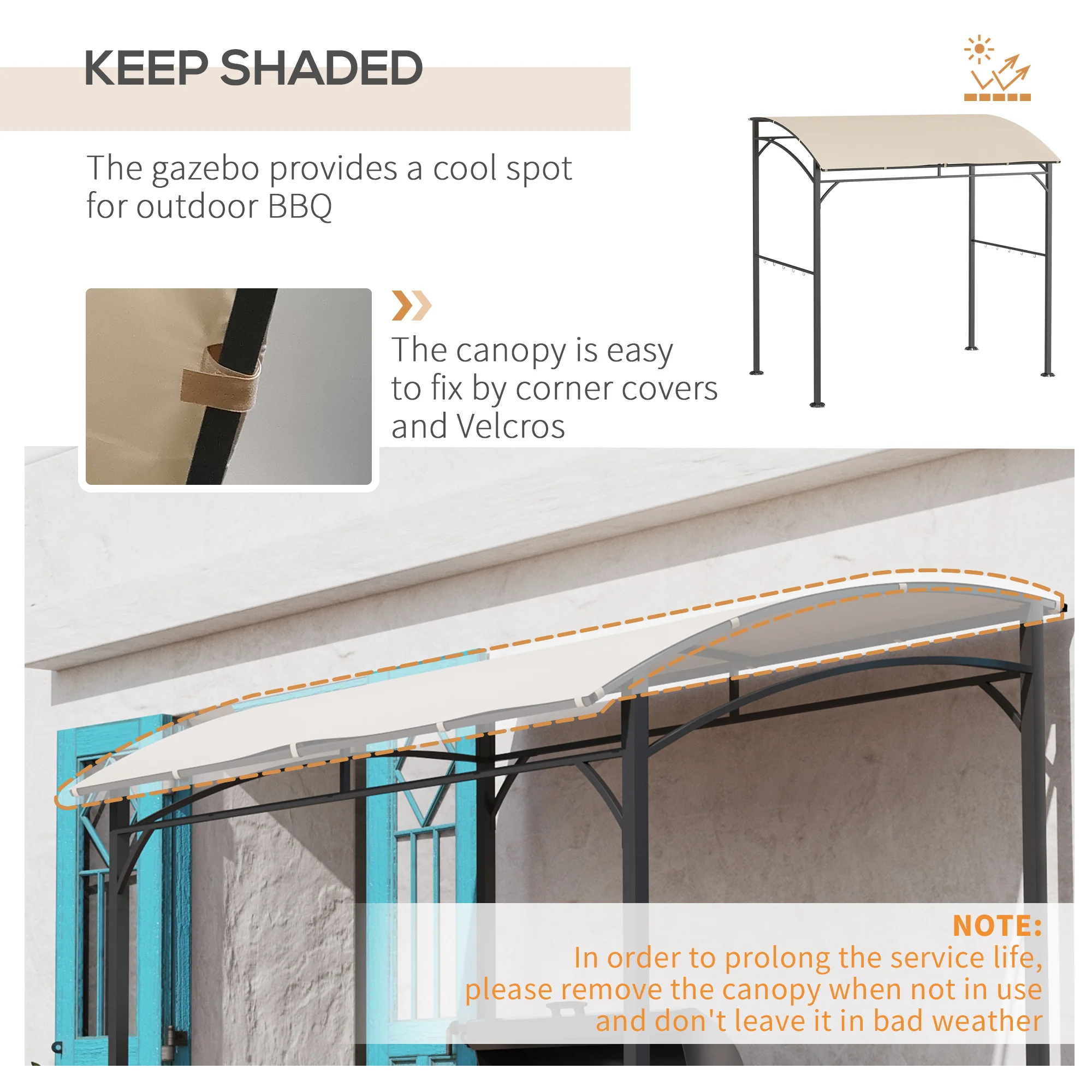 7.2' x 5' BBQ Grill Gazebo Tent with Metal Frame, Curved Canopy & 10 Hooks, Beige - Image 6