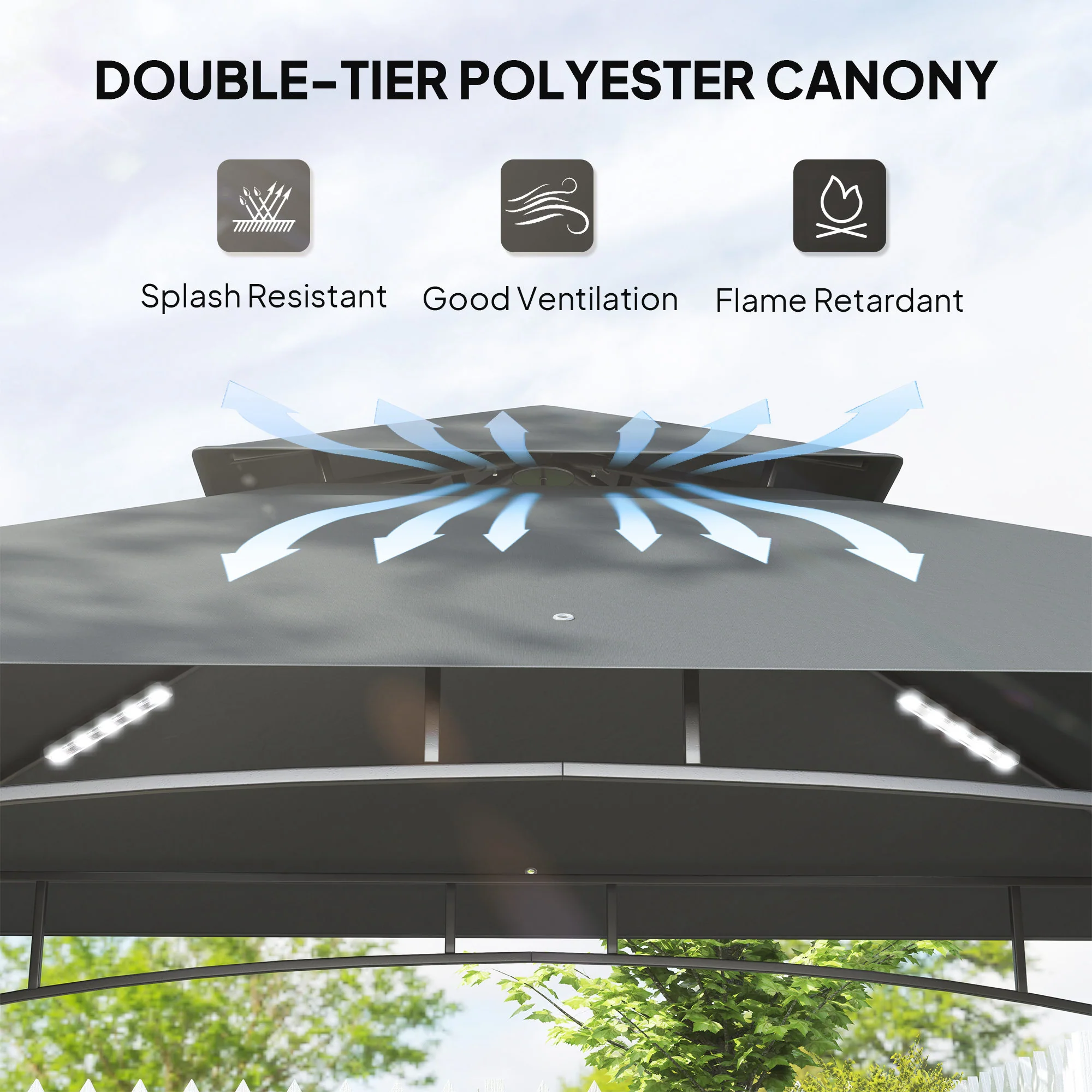 8' x 5' Grill Gazebo Canopy with LED Lights, 2 Side Shelves, Basket & Hooks for Picnic, Dark Grey - Image 6
