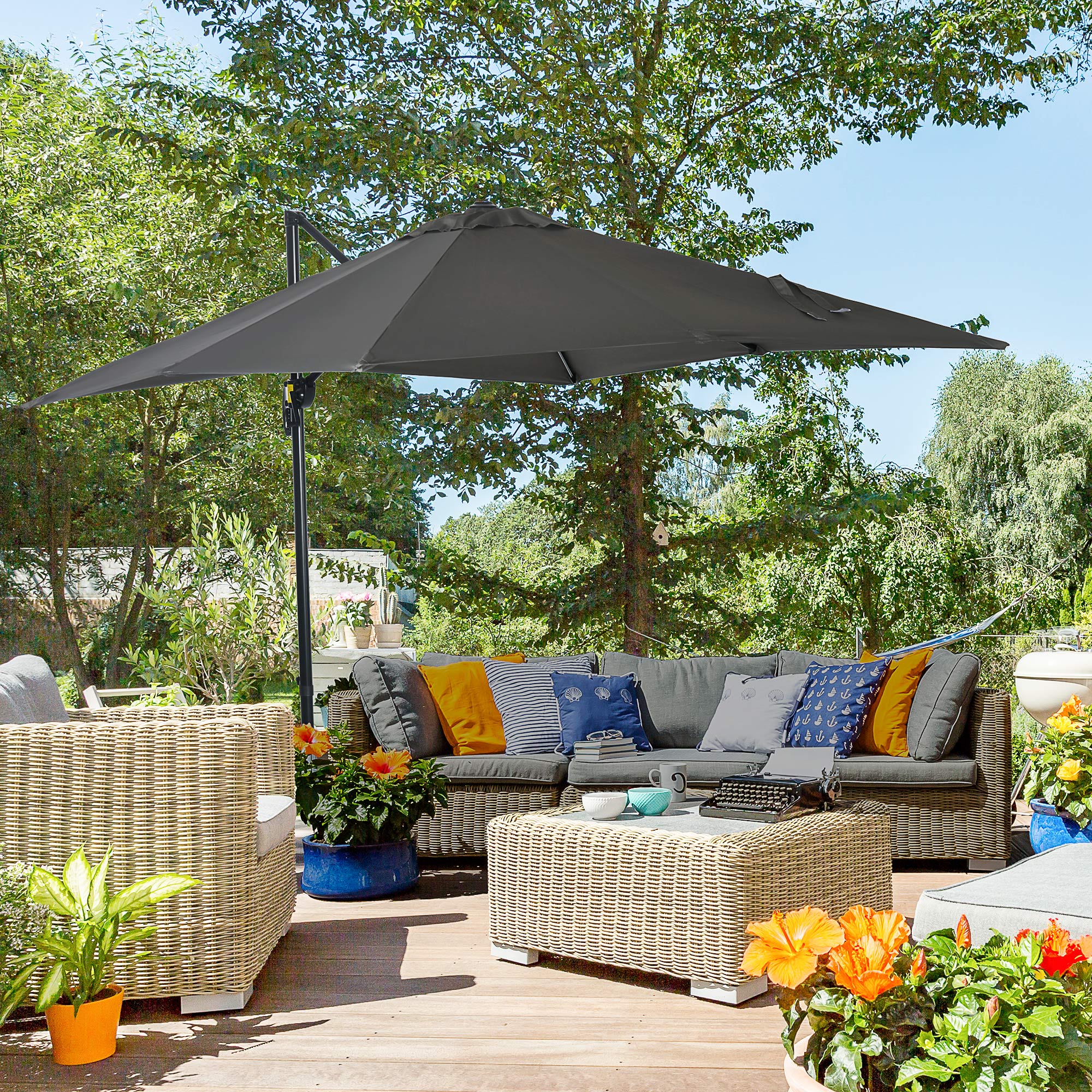 2.5 x 2.5m Aluminium Patio Offset Parasol with 360° Rotation, Crank & Cross Base, Grey - Image 4