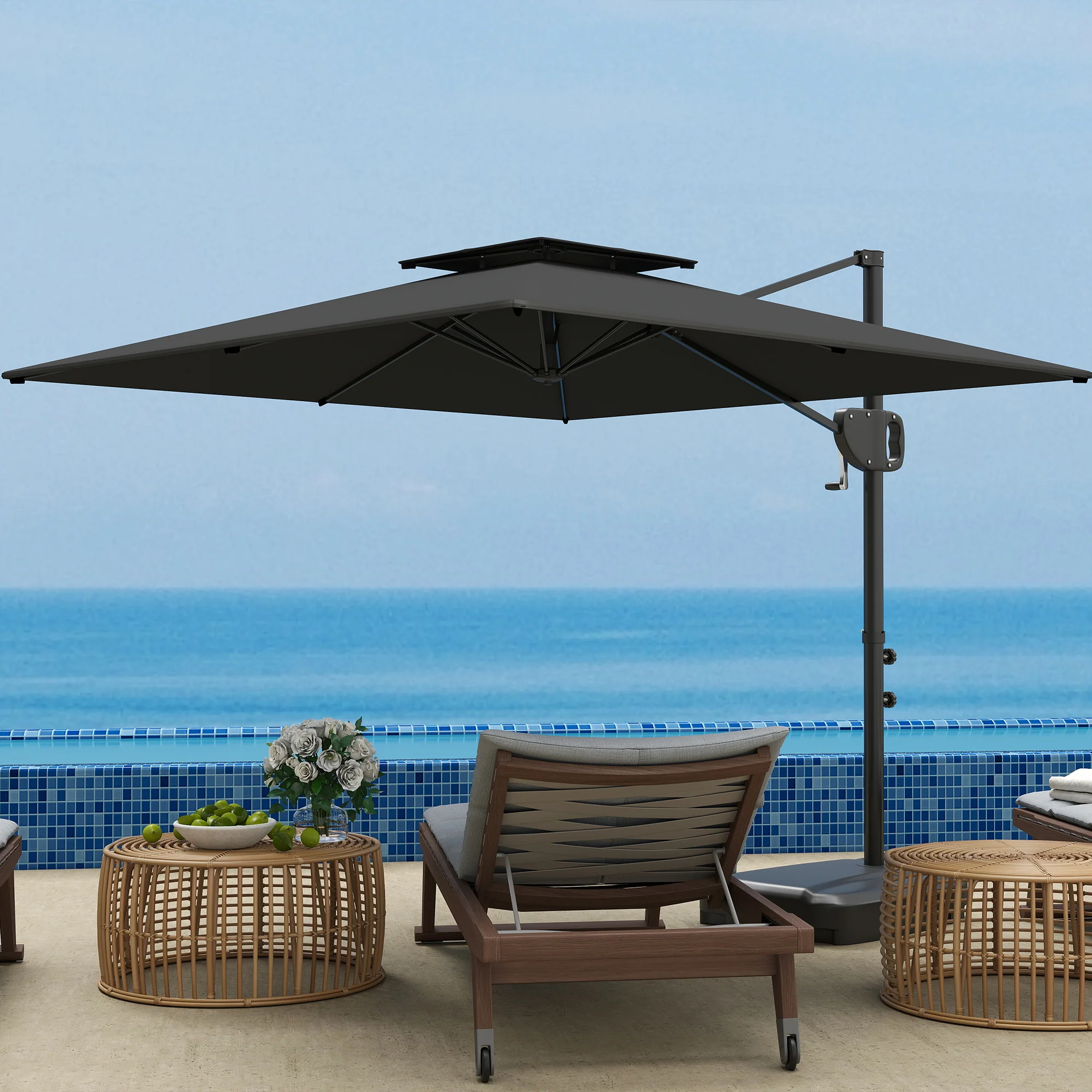 2.5m Square Overhanging Parasol with Double Top, Crank Handle & Fillable Base, Dark Grey - Image 4